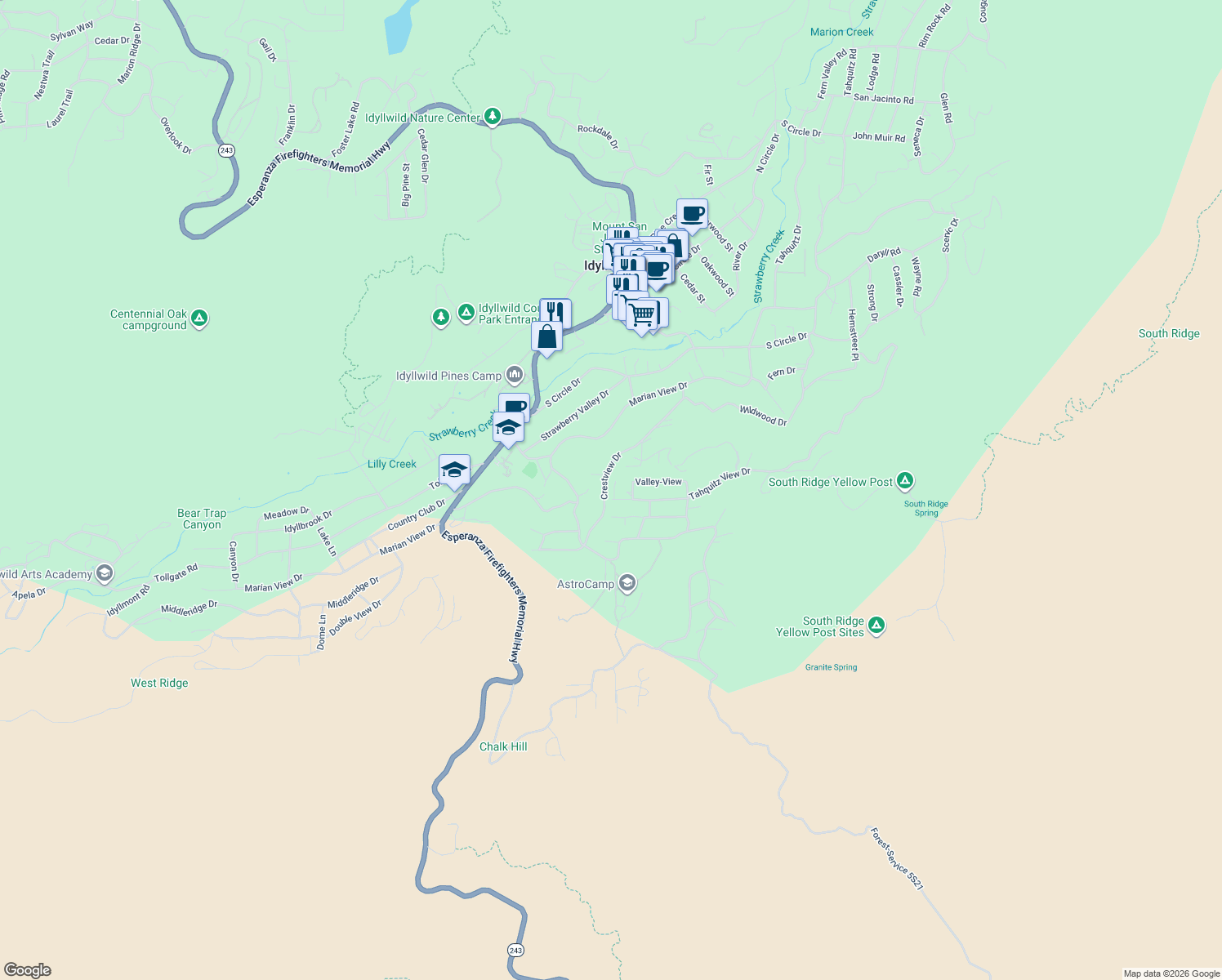 map of restaurants, bars, coffee shops, grocery stores, and more near 26550 Crestview Drive in Idyllwild-Pine Cove