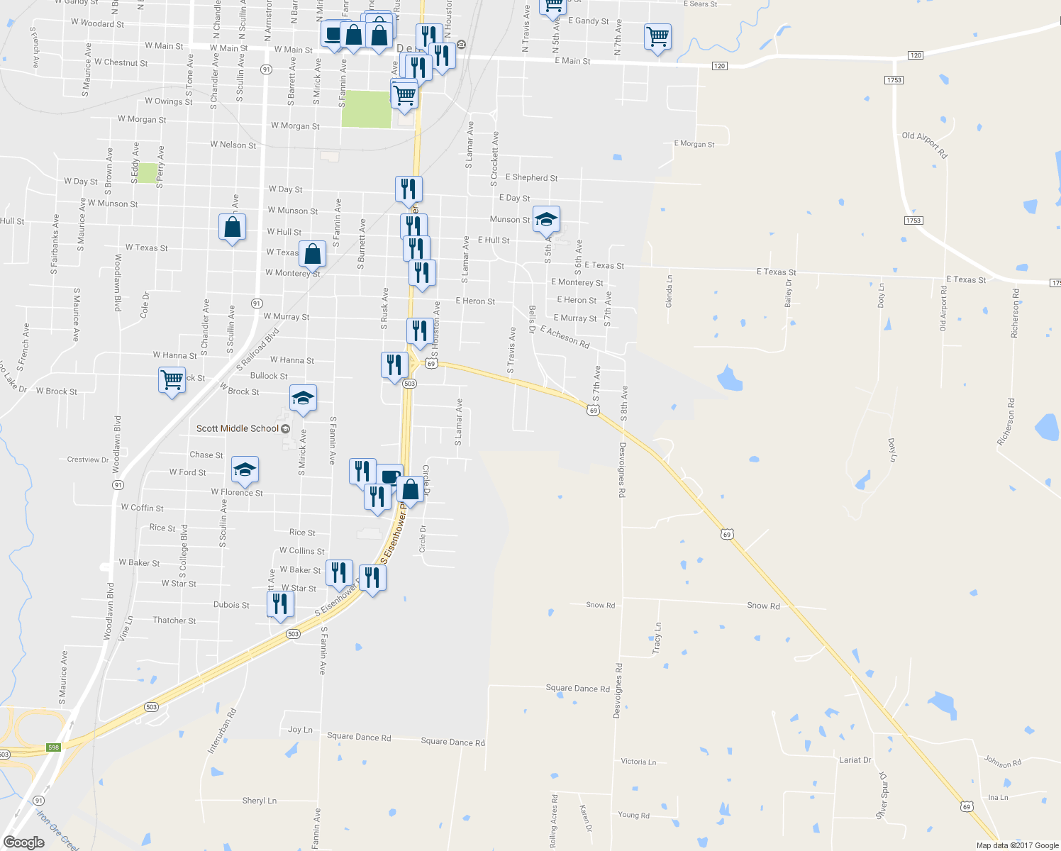 map of restaurants, bars, coffee shops, grocery stores, and more near 1830 South Center Street in Denison