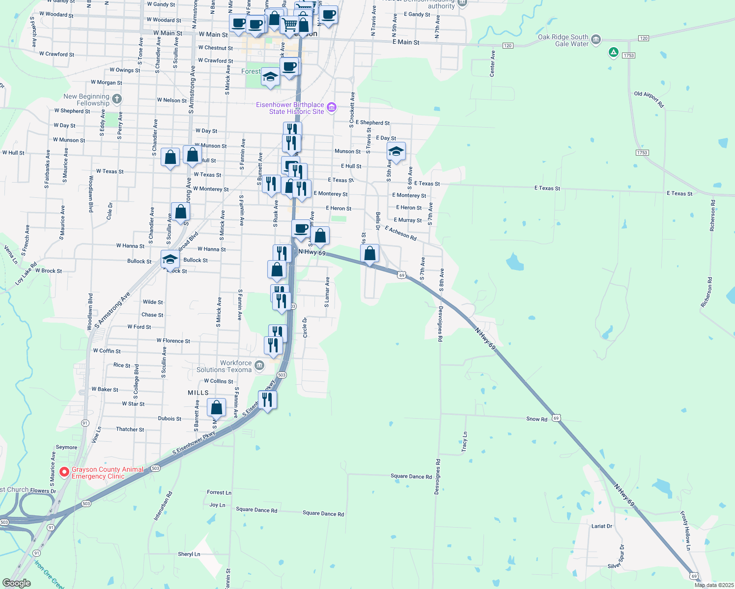 map of restaurants, bars, coffee shops, grocery stores, and more near 1830 South Travis Avenue in Denison