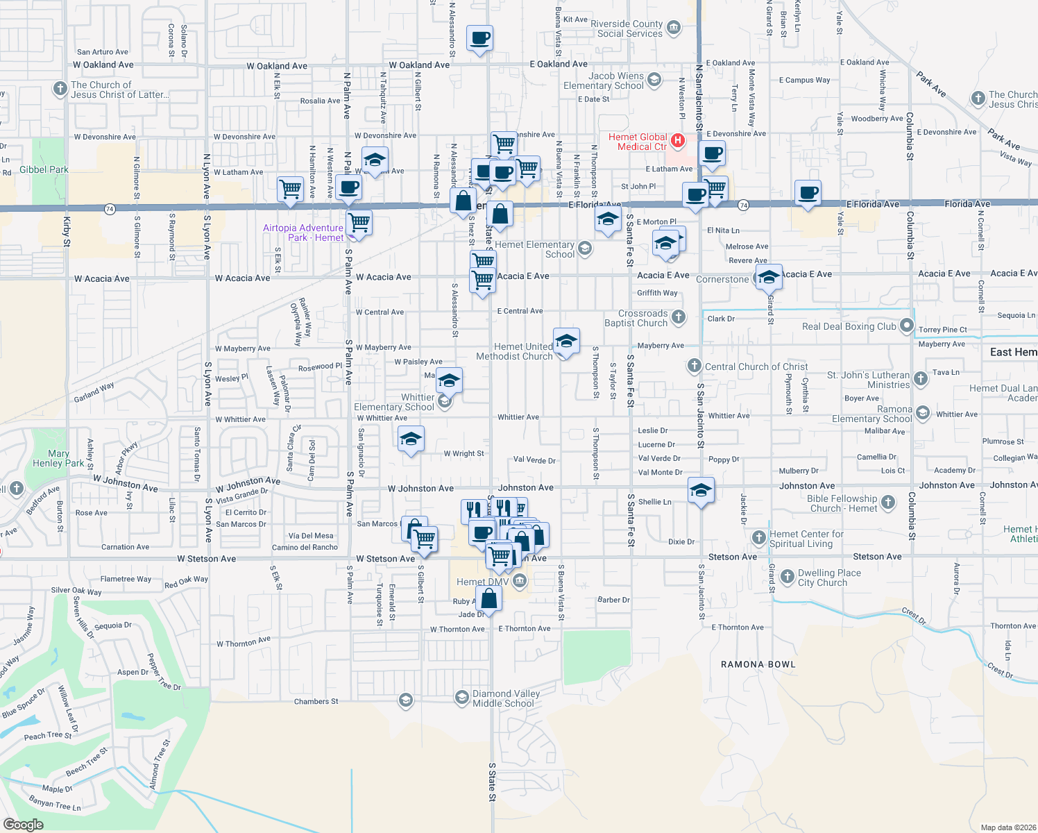 map of restaurants, bars, coffee shops, grocery stores, and more near 260 Whittier Avenue in Hemet
