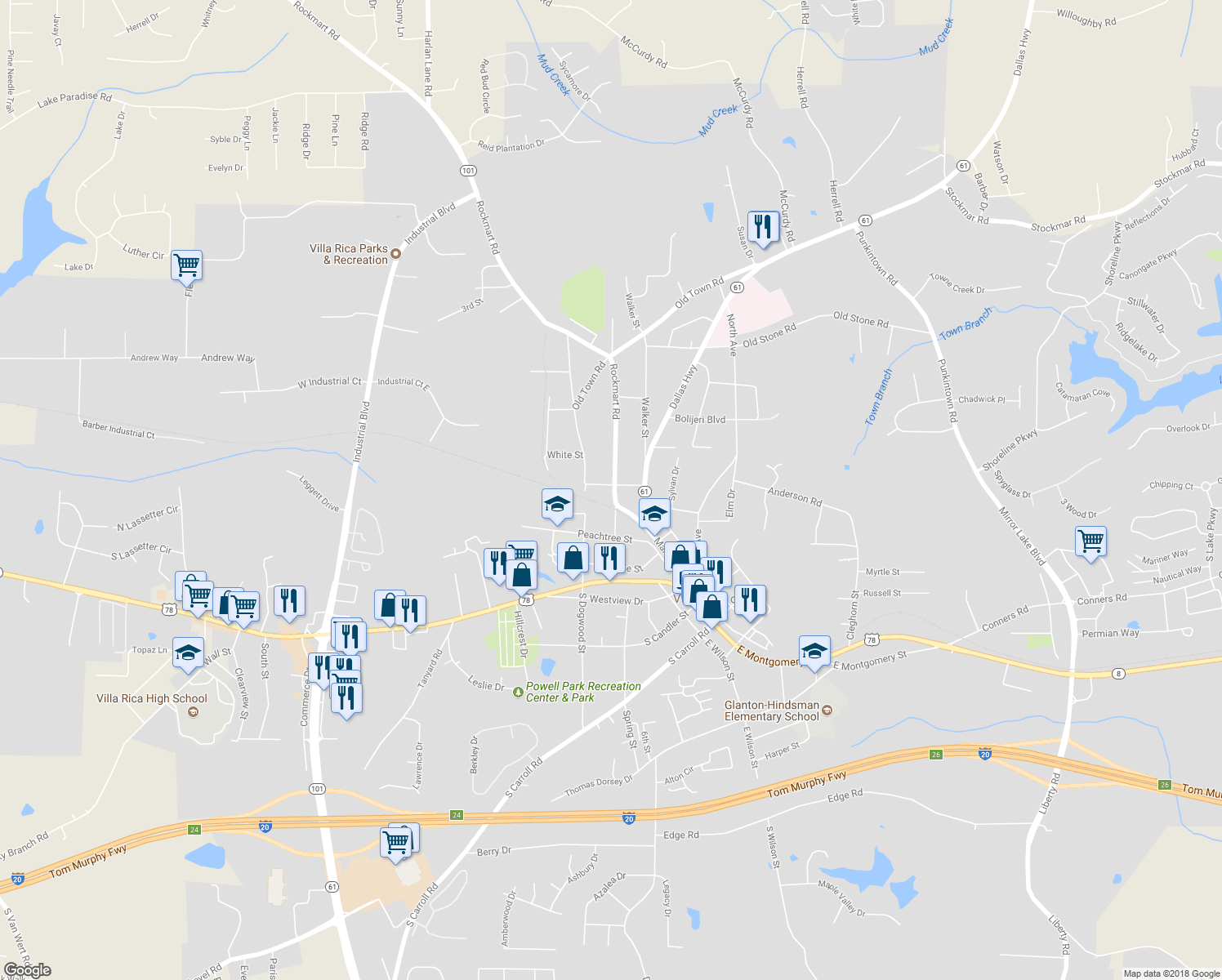 map of restaurants, bars, coffee shops, grocery stores, and more near 702 Magnolia Street in Villa Rica