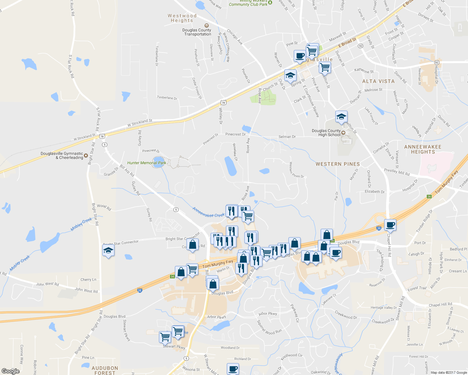 map of restaurants, bars, coffee shops, grocery stores, and more near 8919 Elina Rose in Douglasville