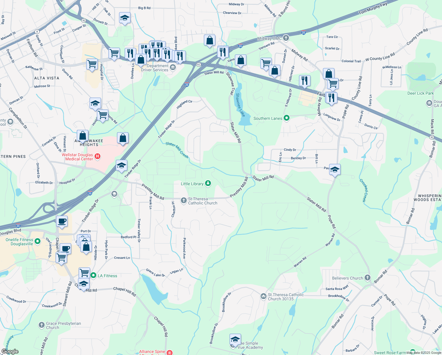 map of restaurants, bars, coffee shops, grocery stores, and more near 5326 Presley Place in Douglasville