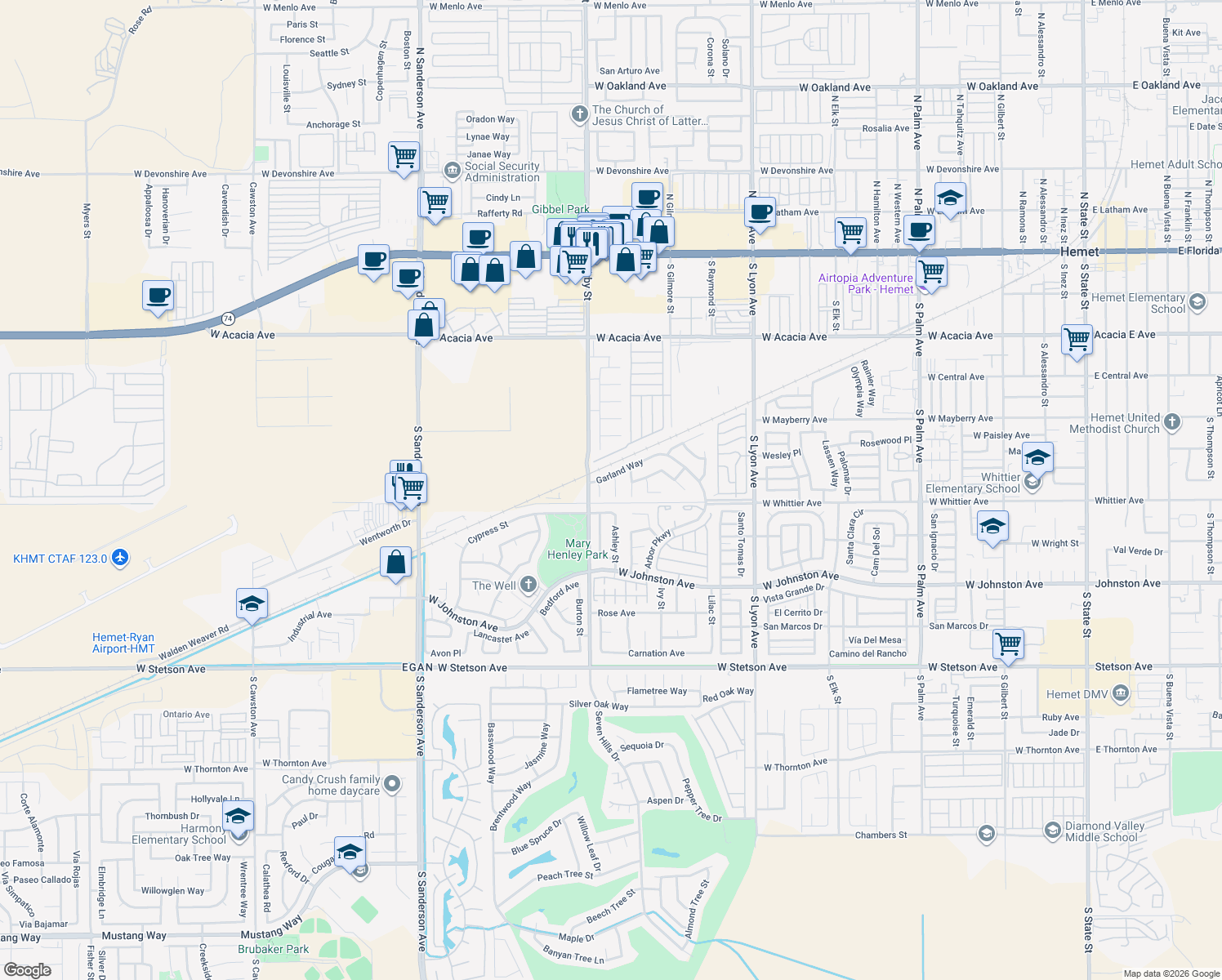 map of restaurants, bars, coffee shops, grocery stores, and more near 681 Goldenrod Street in Hemet