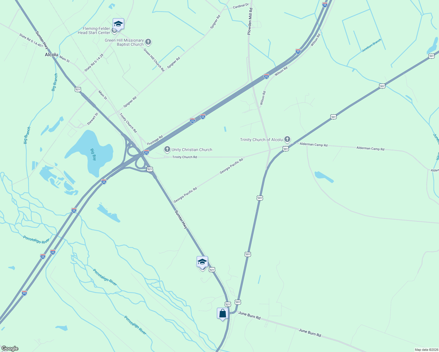 map of restaurants, bars, coffee shops, grocery stores, and more near 1464 Georgia Pacific Road in Alcolu