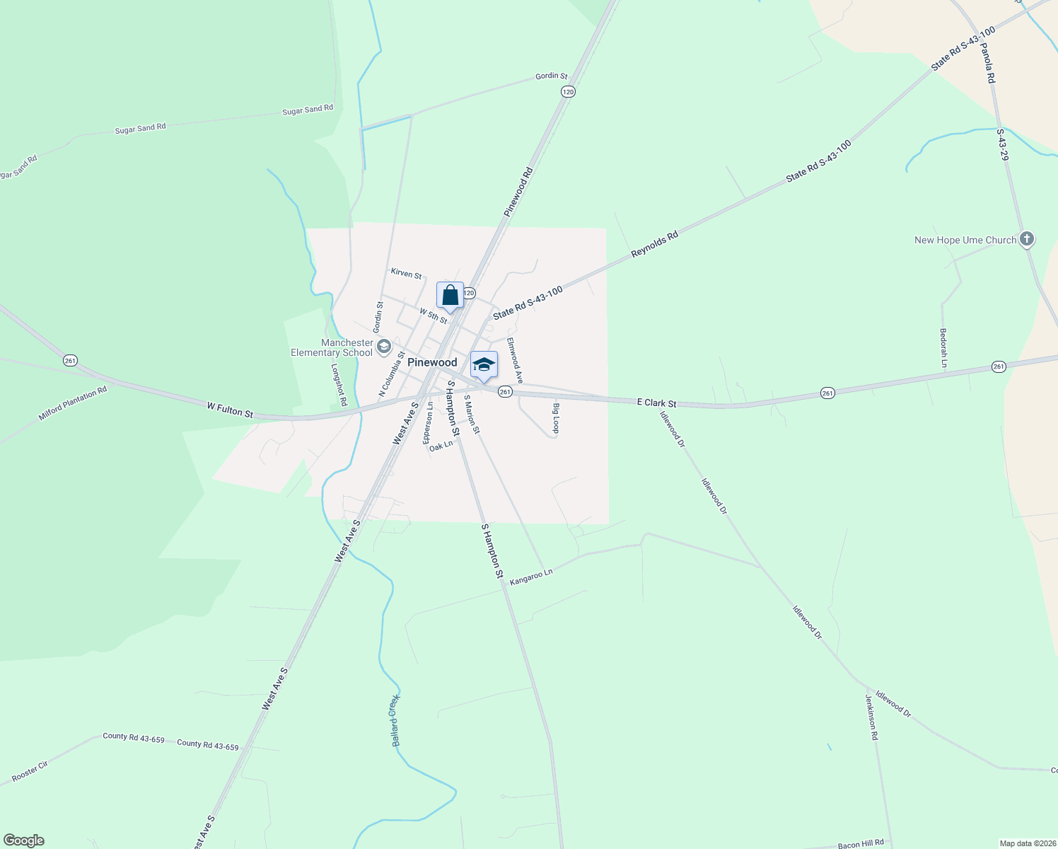 map of restaurants, bars, coffee shops, grocery stores, and more near 40 Big Loop in Pinewood