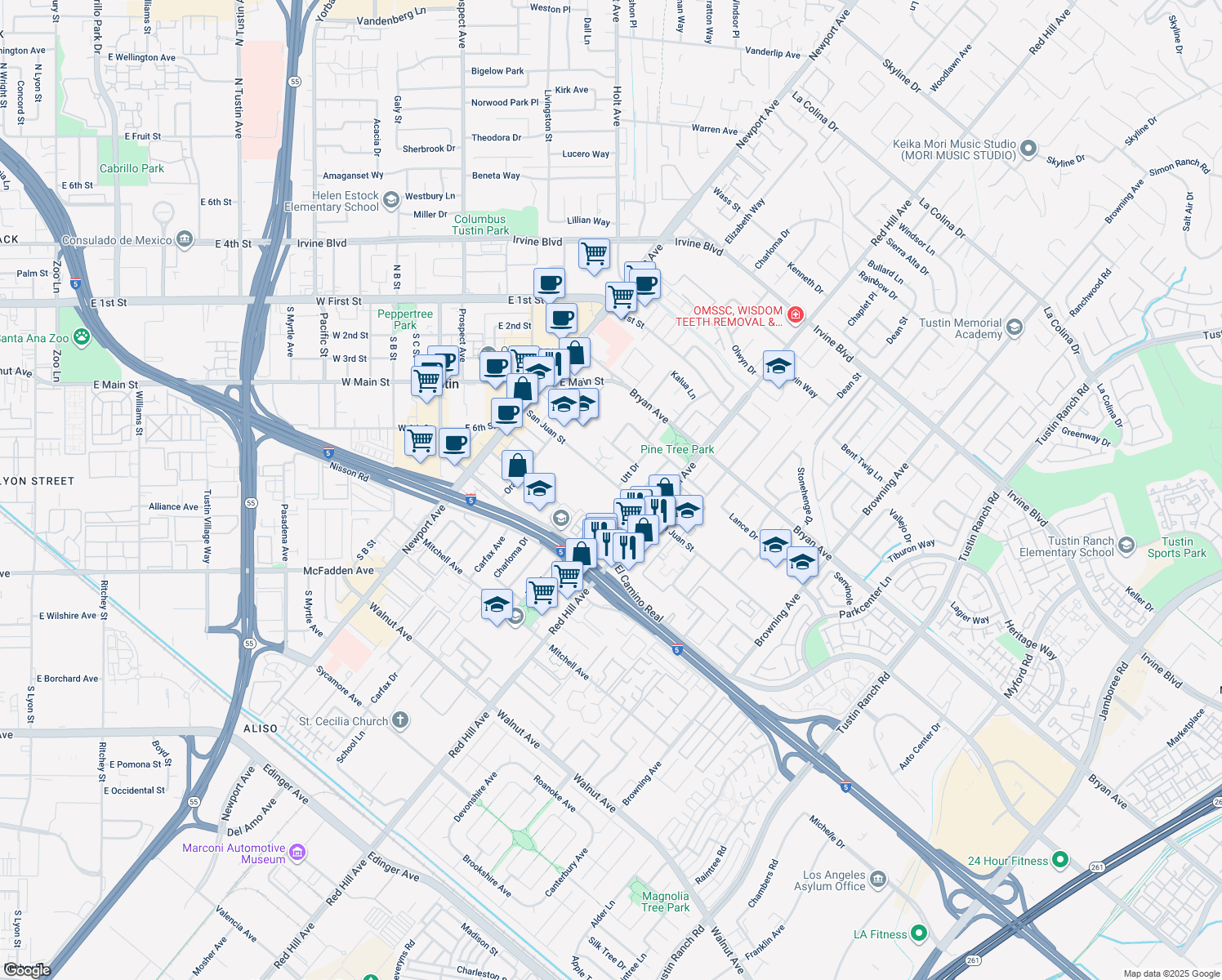 map of restaurants, bars, coffee shops, grocery stores, and more near 1341 San Juan Street in Tustin