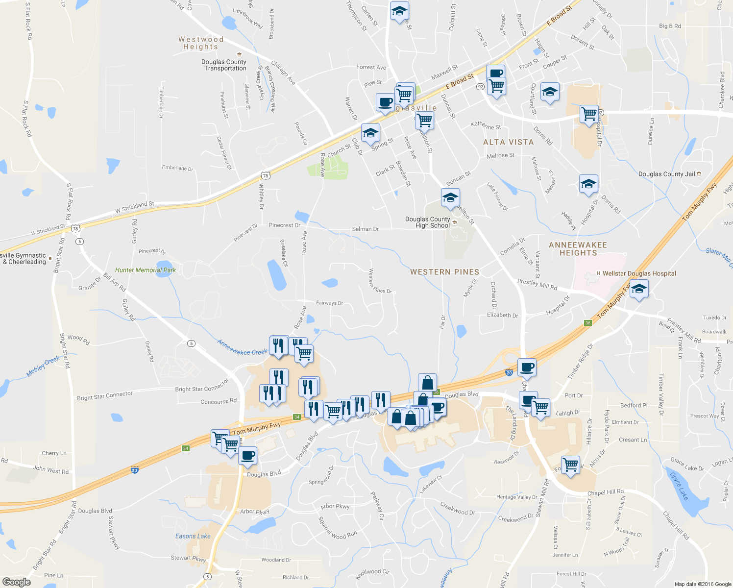 map of restaurants, bars, coffee shops, grocery stores, and more near 8968 6 Branches Trail in Douglasville