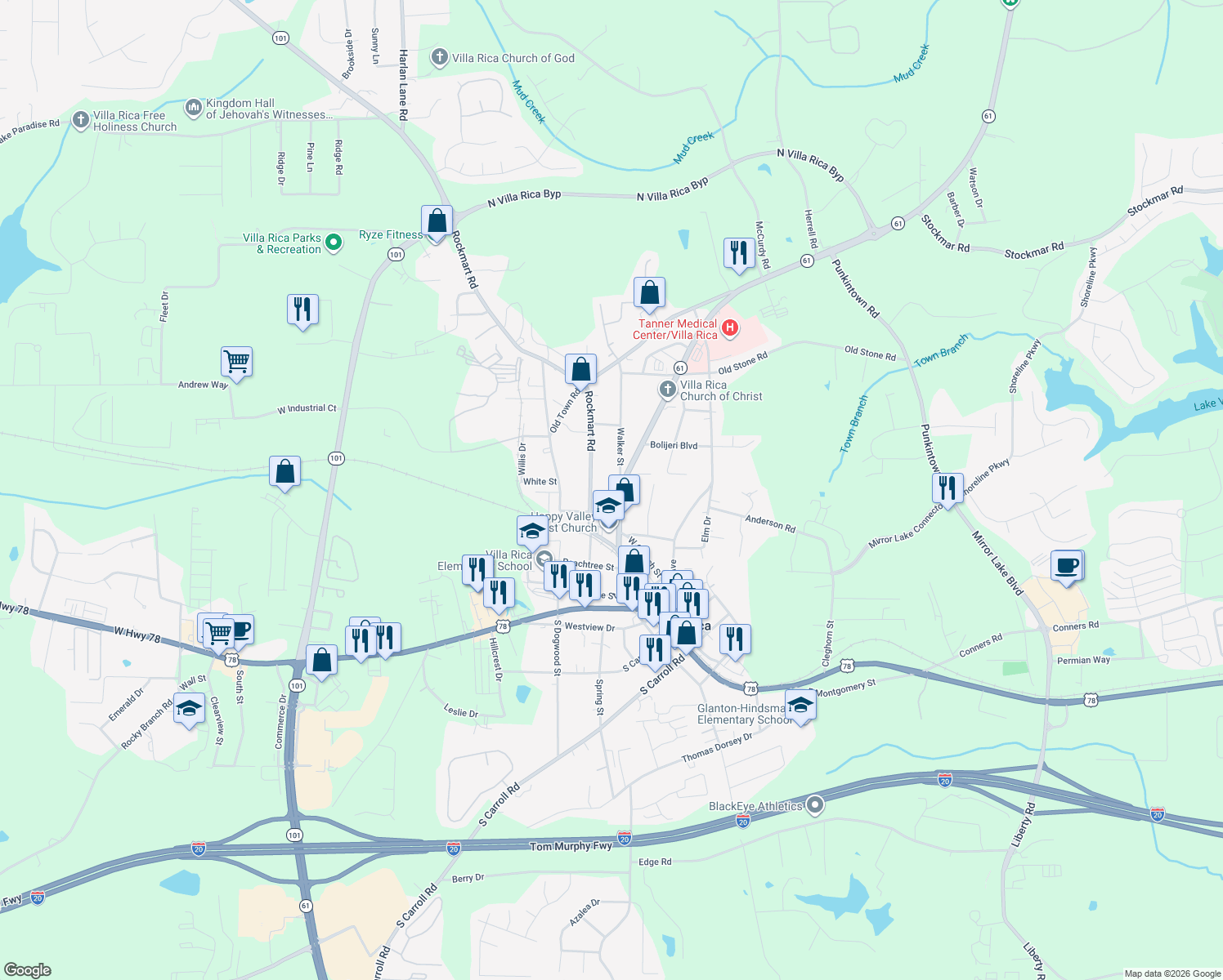map of restaurants, bars, coffee shops, grocery stores, and more near 214 Walker St in Villa Rica