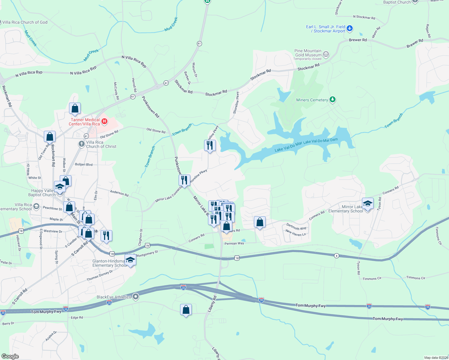 map of restaurants, bars, coffee shops, grocery stores, and more near 9722 Spyglass Drive in Villa Rica
