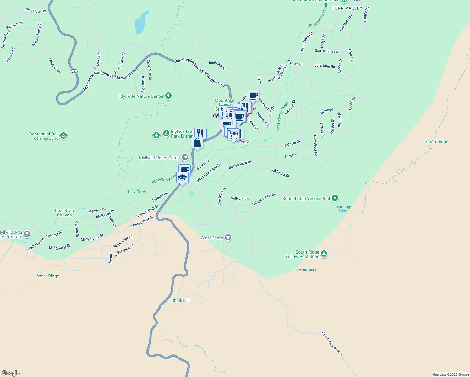 map of restaurants, bars, coffee shops, grocery stores, and more near 54410 Village View Drive in Idyllwild-Pine Cove