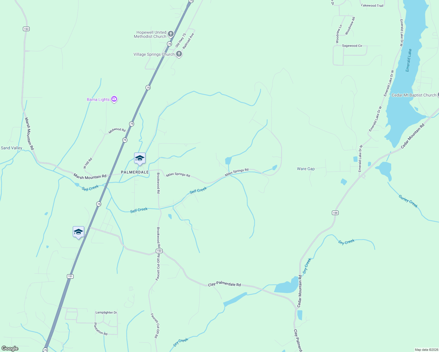 map of restaurants, bars, coffee shops, grocery stores, and more near 5600 Miles Springs Road in Dixiana