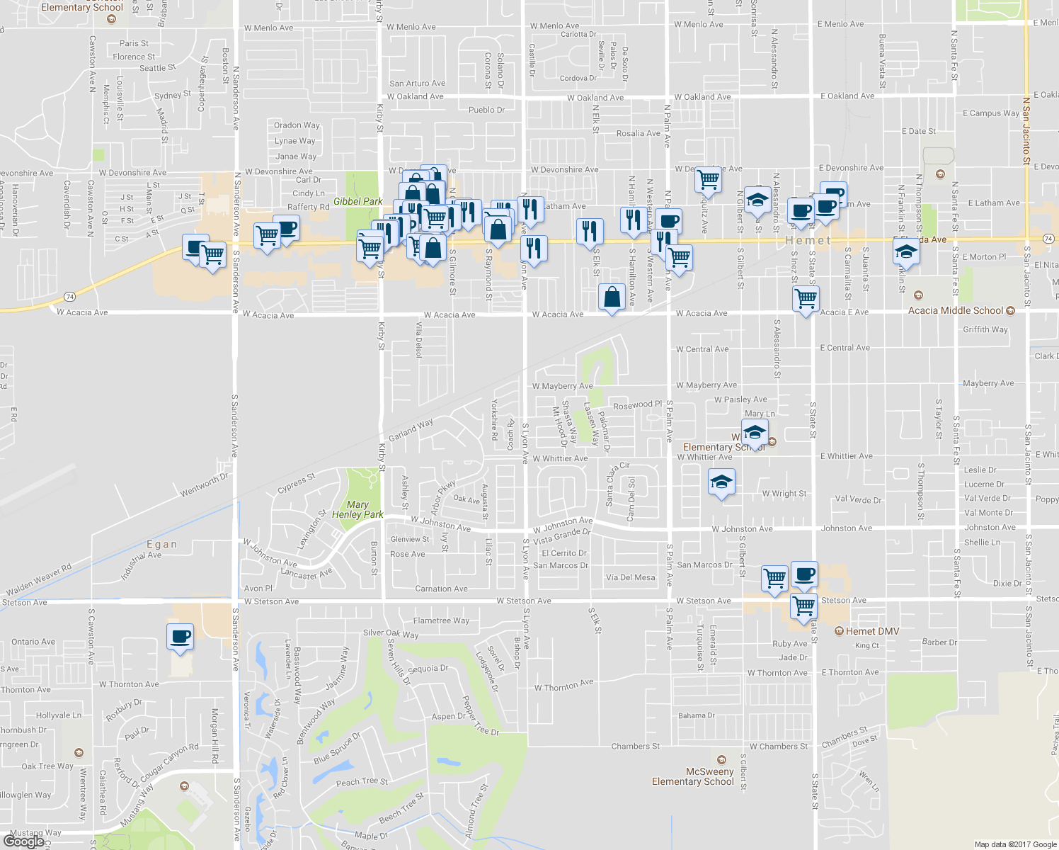 map of restaurants, bars, coffee shops, grocery stores, and more near 600 South Lyon Avenue in Hemet