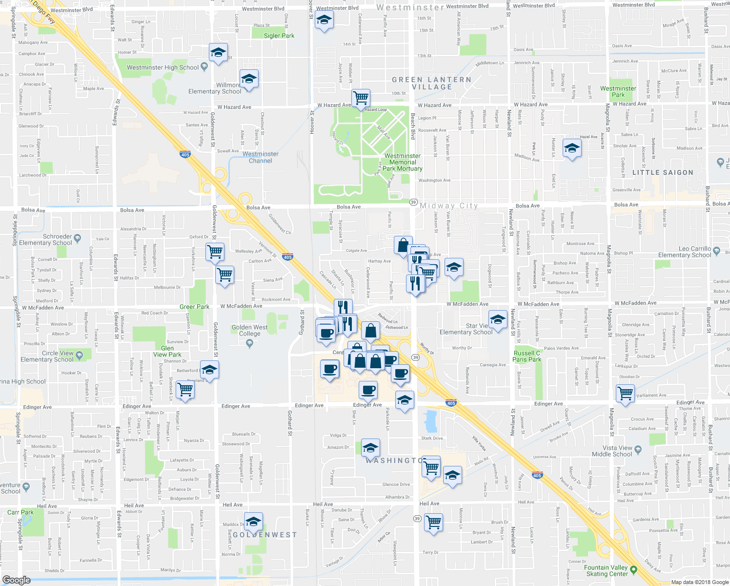map of restaurants, bars, coffee shops, grocery stores, and more near 15421 Cedarwood Avenue in Midway City