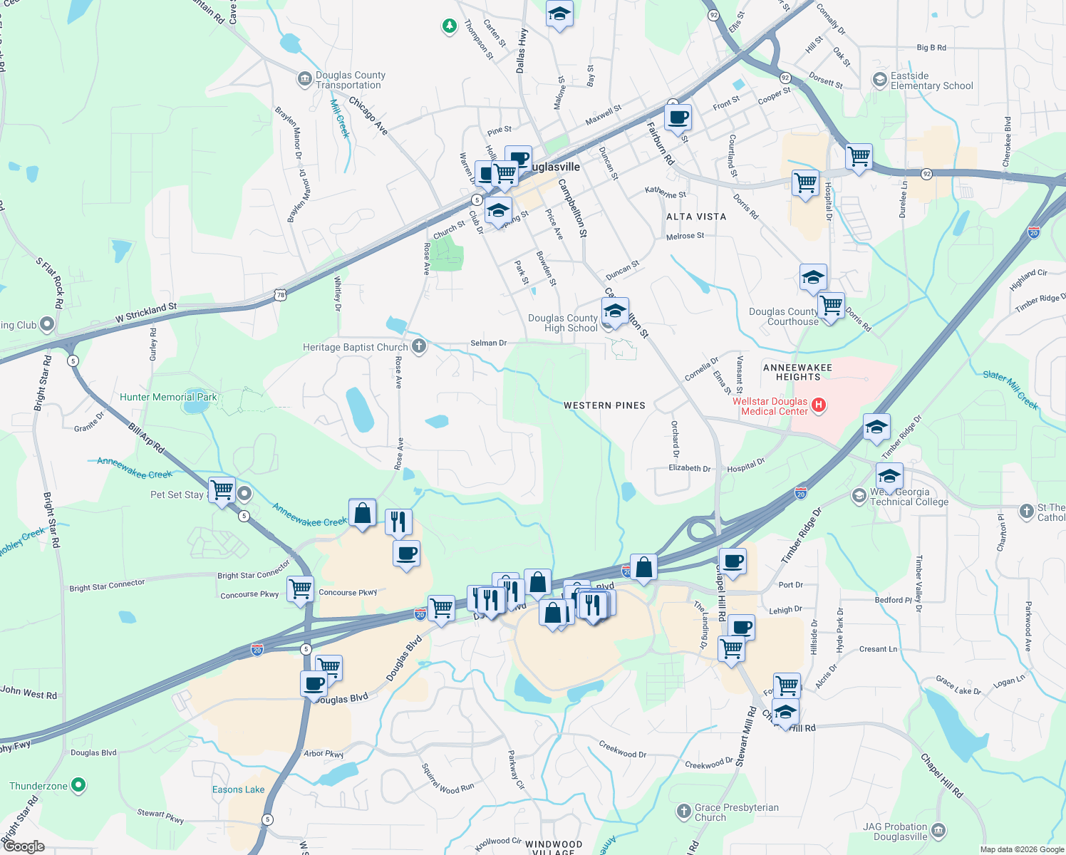 map of restaurants, bars, coffee shops, grocery stores, and more near 8946 Western Pines Ct in Douglasville