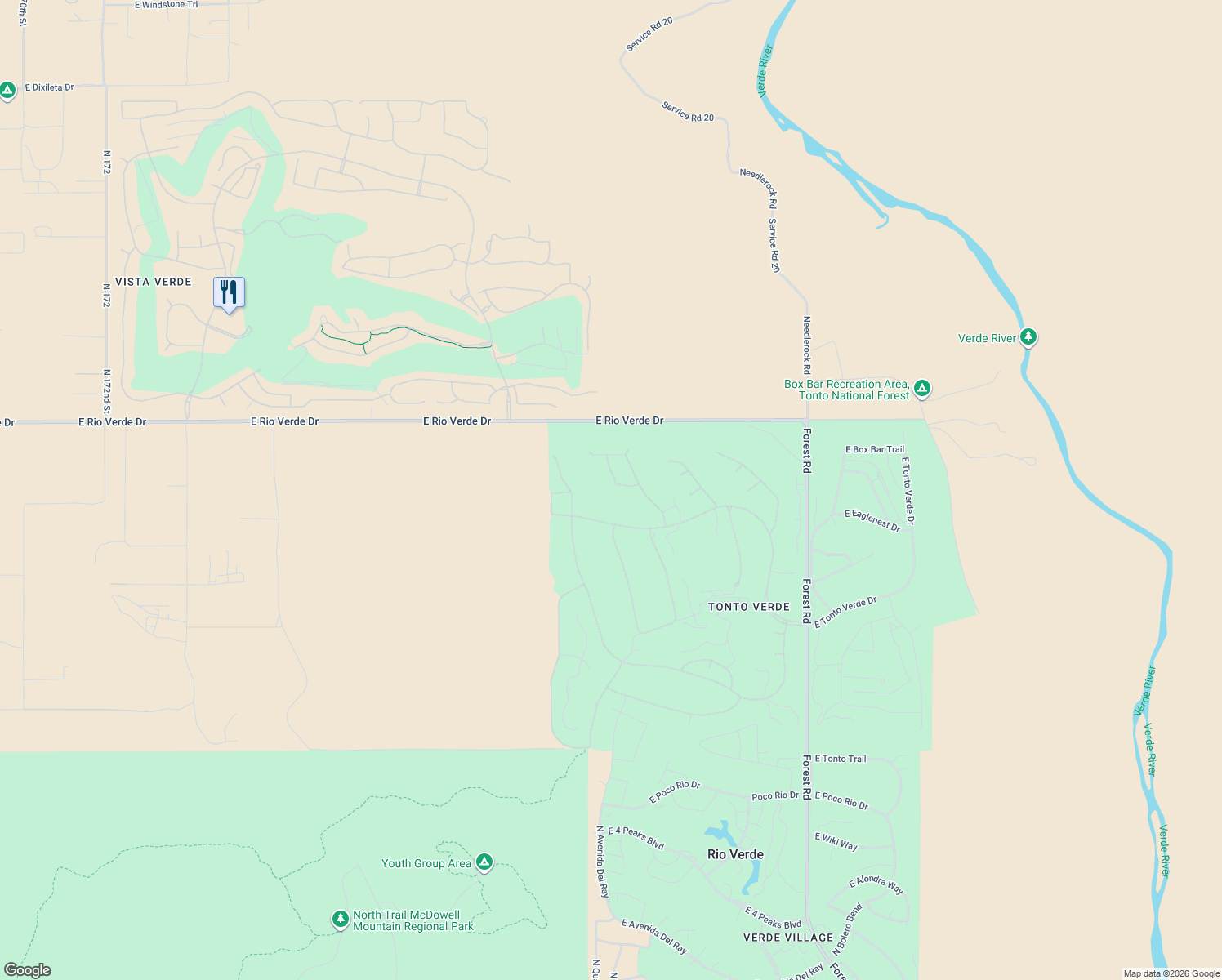 map of restaurants, bars, coffee shops, grocery stores, and more near 18405 Tranquilo Way in Rio Verde