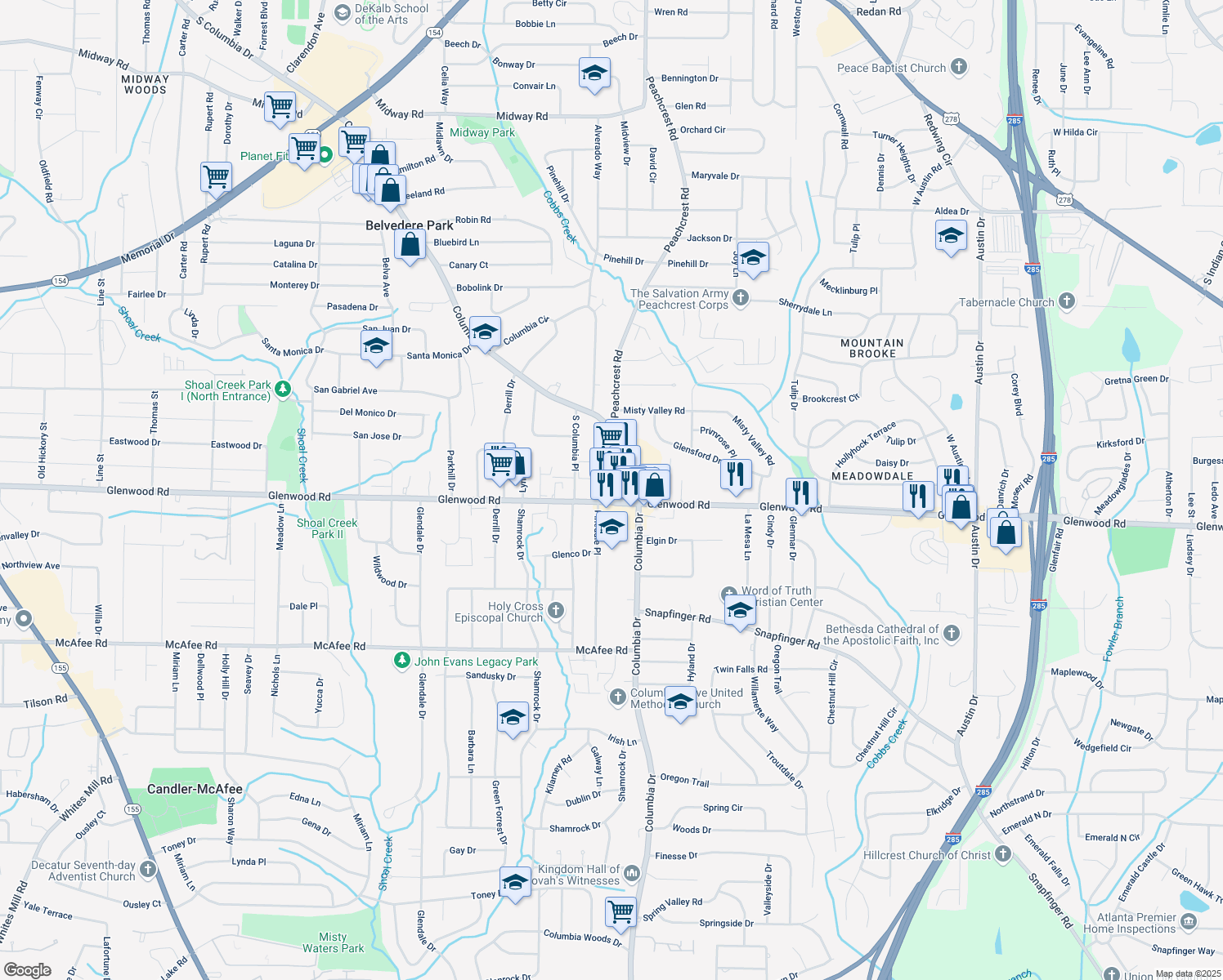map of restaurants, bars, coffee shops, grocery stores, and more near 4022 Glenwood Road in Decatur