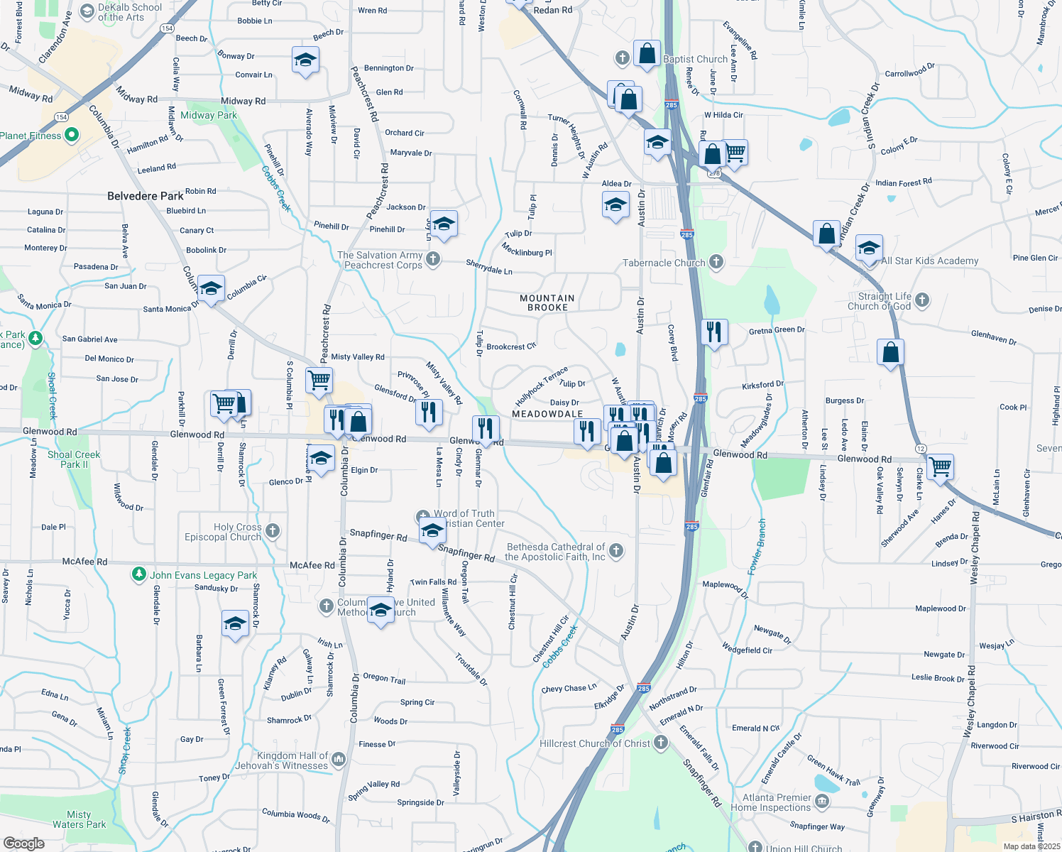 map of restaurants, bars, coffee shops, grocery stores, and more near 3645 Larkspur Terrace in Decatur