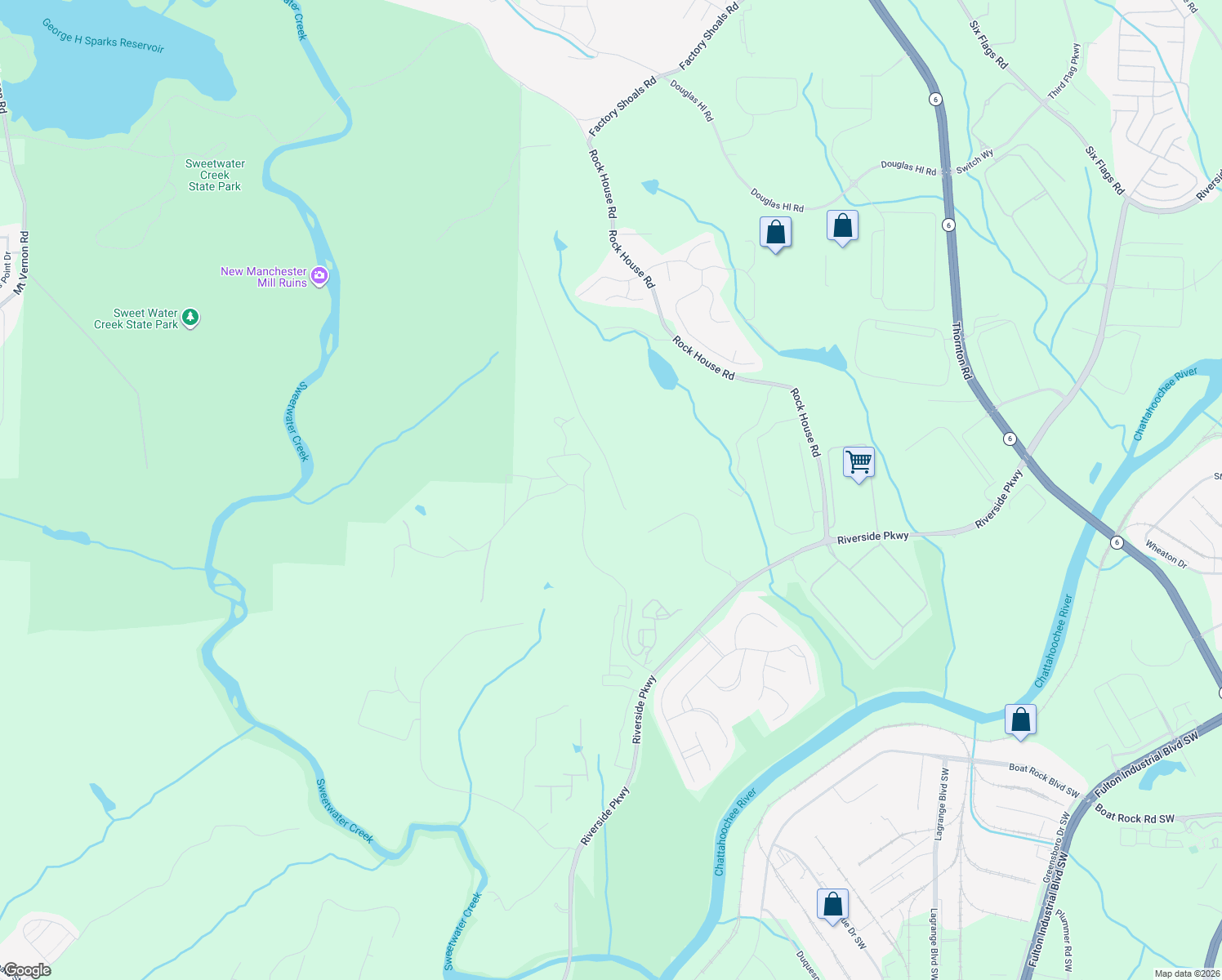 map of restaurants, bars, coffee shops, grocery stores, and more near 2421 Echo Road in Lithia Springs