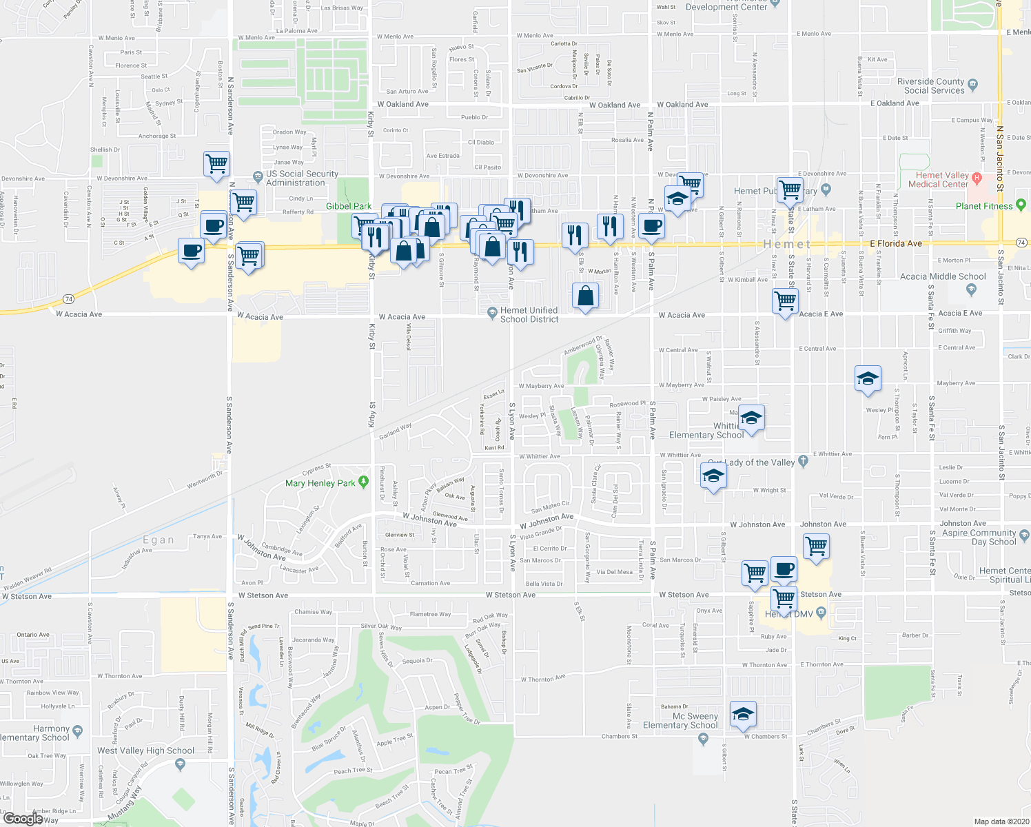 map of restaurants, bars, coffee shops, grocery stores, and more near 570 South Lyon Avenue in Hemet