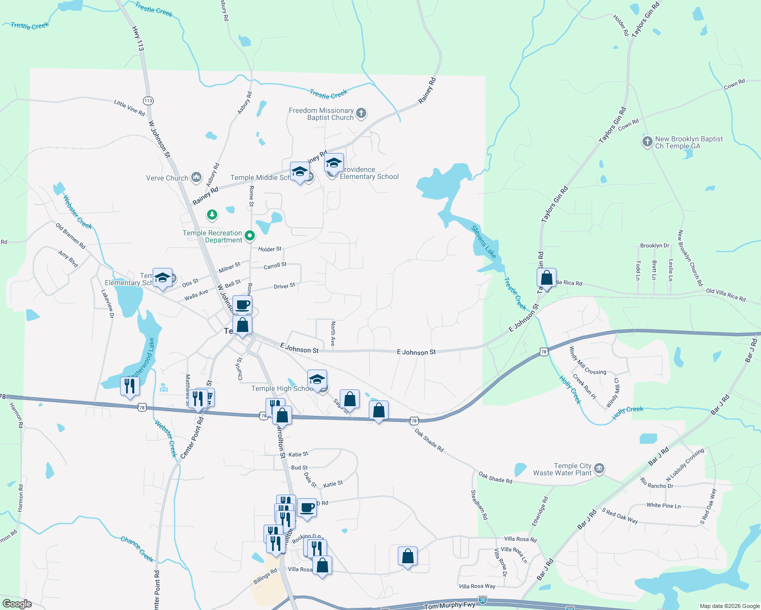 map of restaurants, bars, coffee shops, grocery stores, and more near 140 Ivey Lake Pkwy in Temple