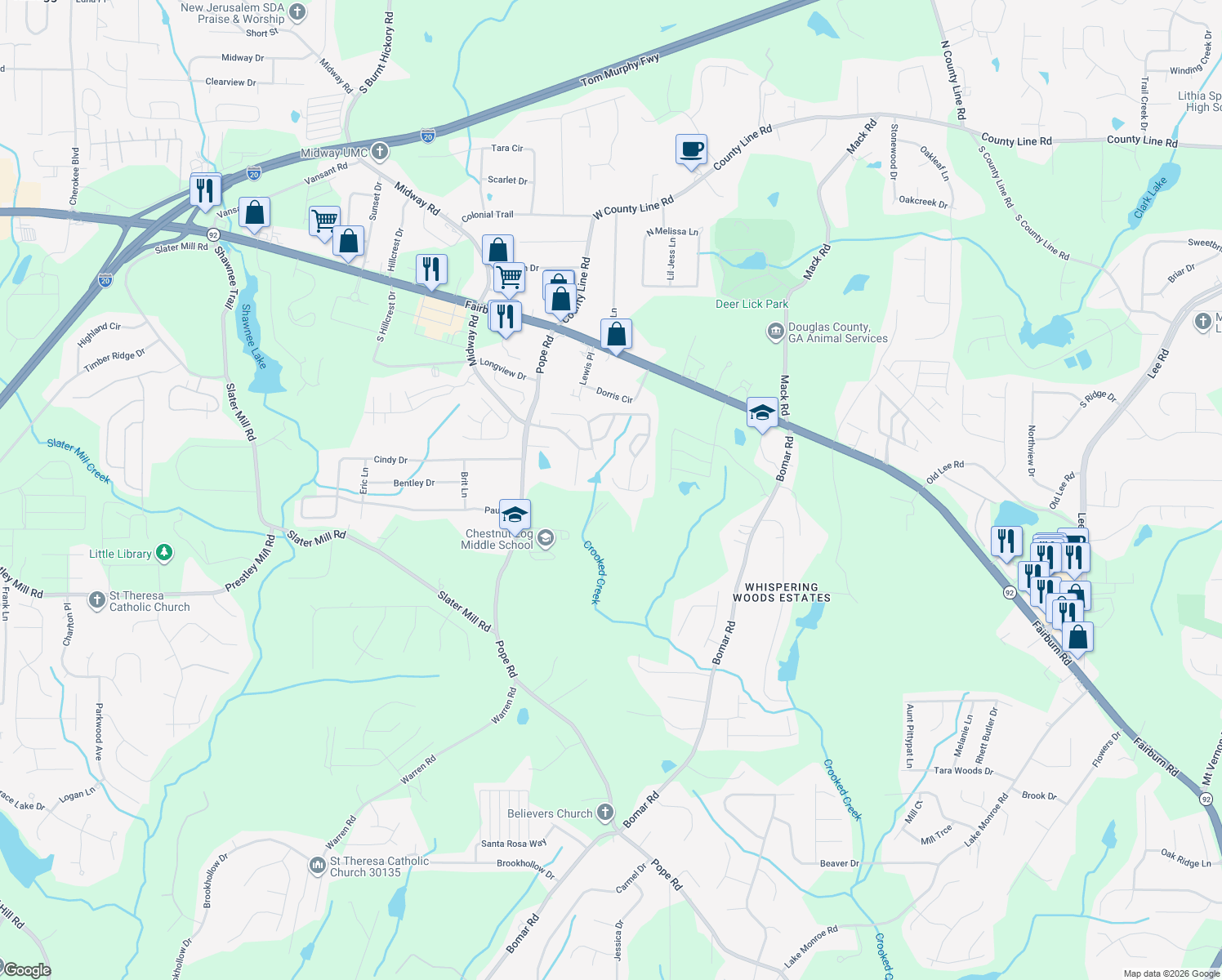 map of restaurants, bars, coffee shops, grocery stores, and more near 2551 Redbud Meadow Ln in Douglasville