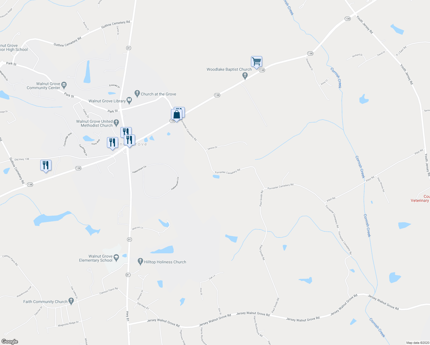 map of restaurants, bars, coffee shops, grocery stores, and more near 789 Forrester Cemetery Road in Covington