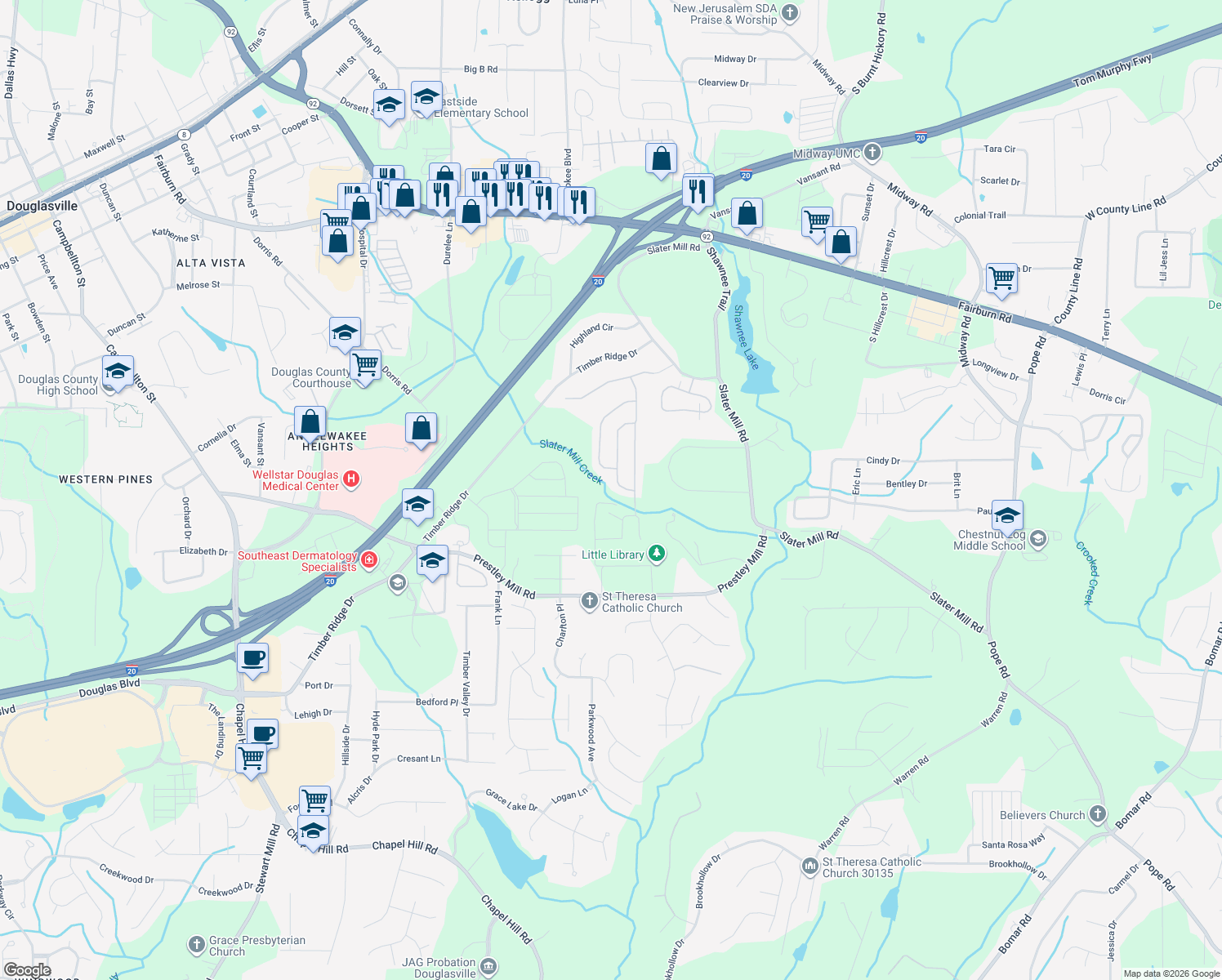 map of restaurants, bars, coffee shops, grocery stores, and more near 8753 Danley Drive in Douglasville