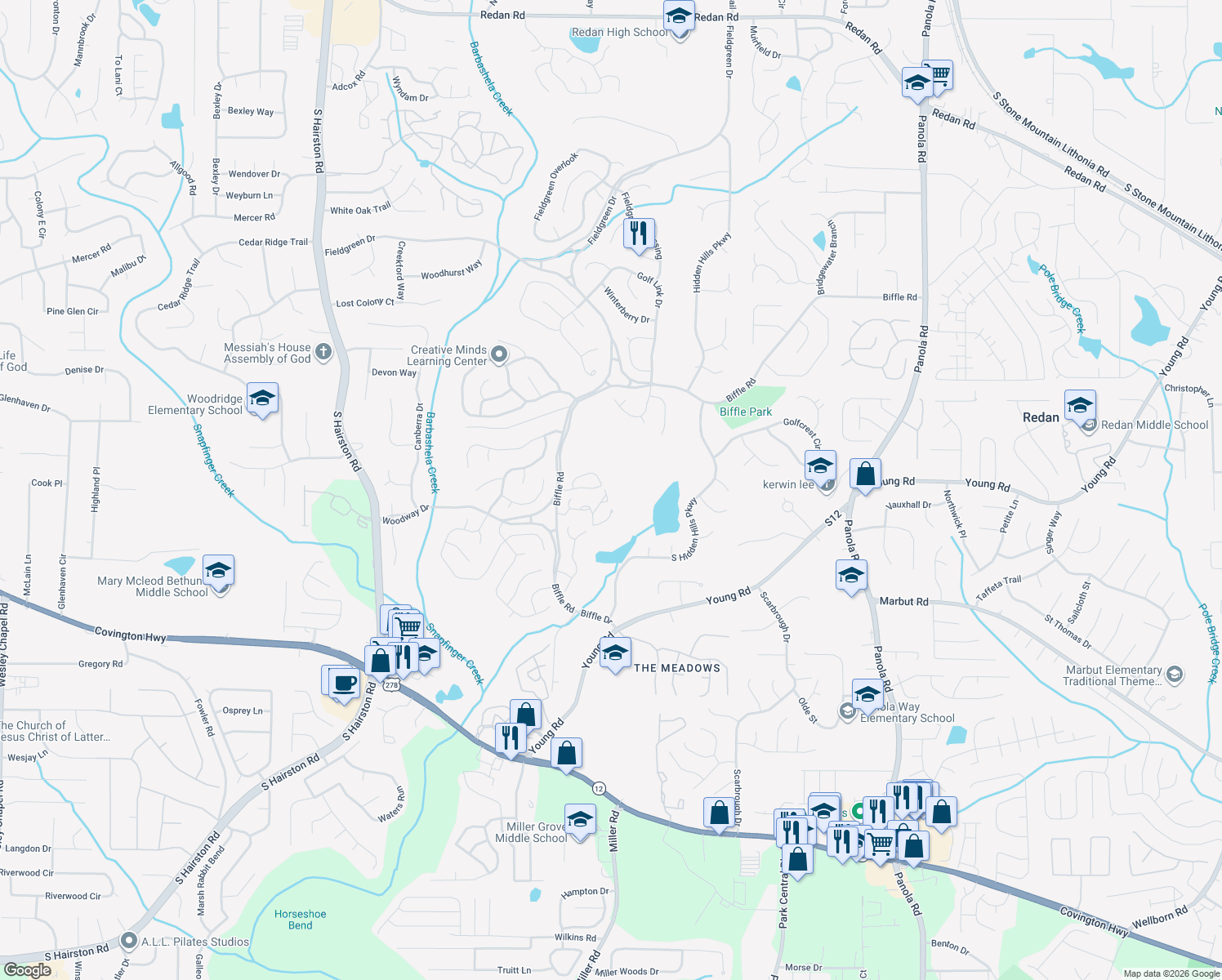 map of restaurants, bars, coffee shops, grocery stores, and more near 5091 Highland Hills Parkway in Stone Mountain