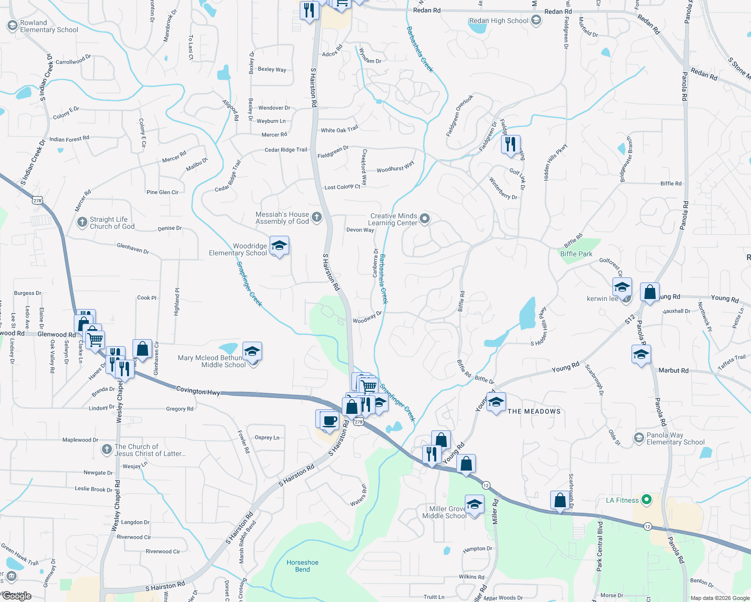 map of restaurants, bars, coffee shops, grocery stores, and more near 1840 Canberra Drive in Stone Mountain