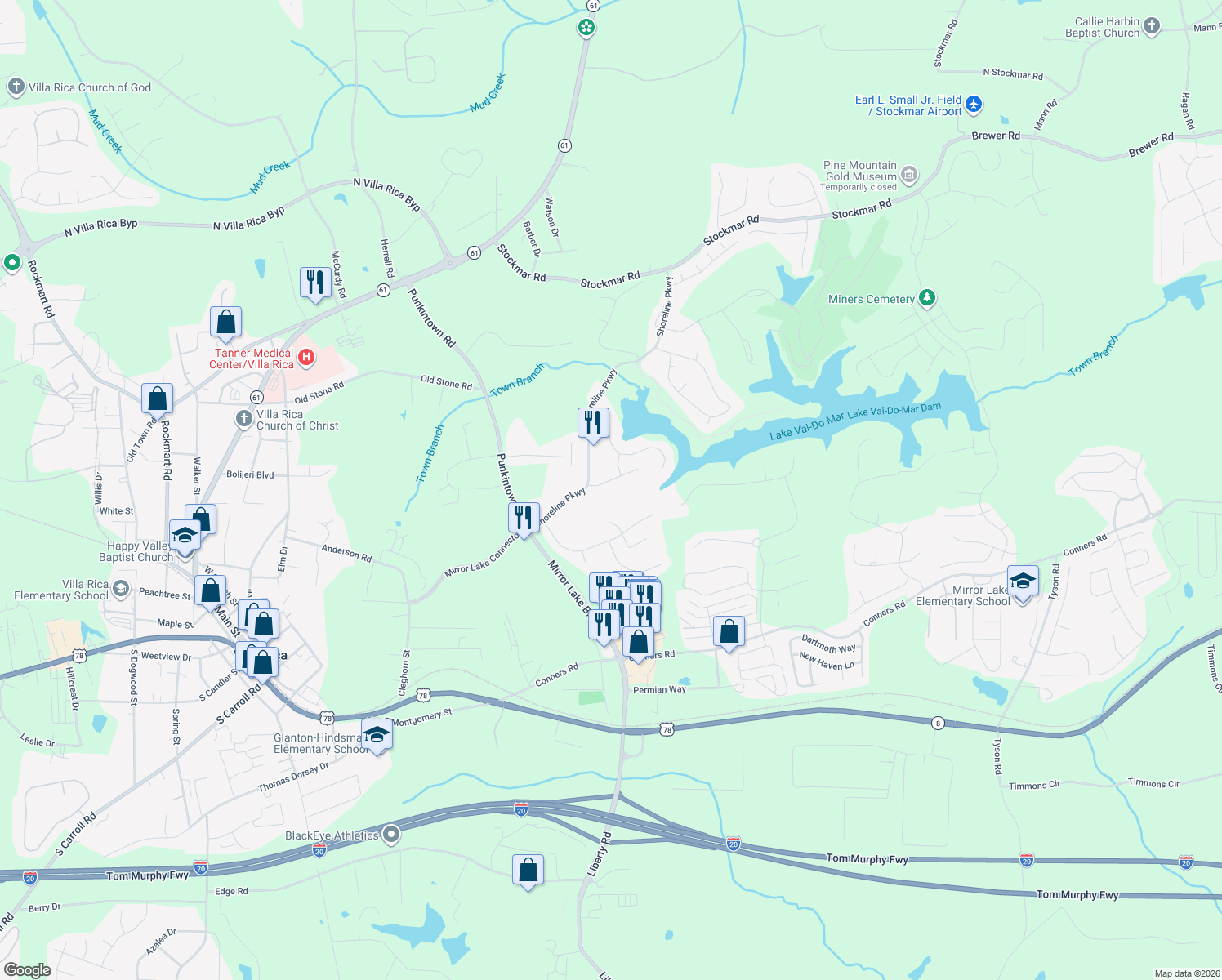 map of restaurants, bars, coffee shops, grocery stores, and more near 9969 Bridgewater Pointe in Villa Rica