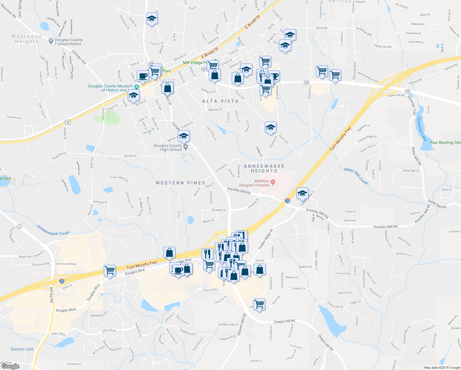 map of restaurants, bars, coffee shops, grocery stores, and more near 6301 Prestley Mill Road in Douglasville