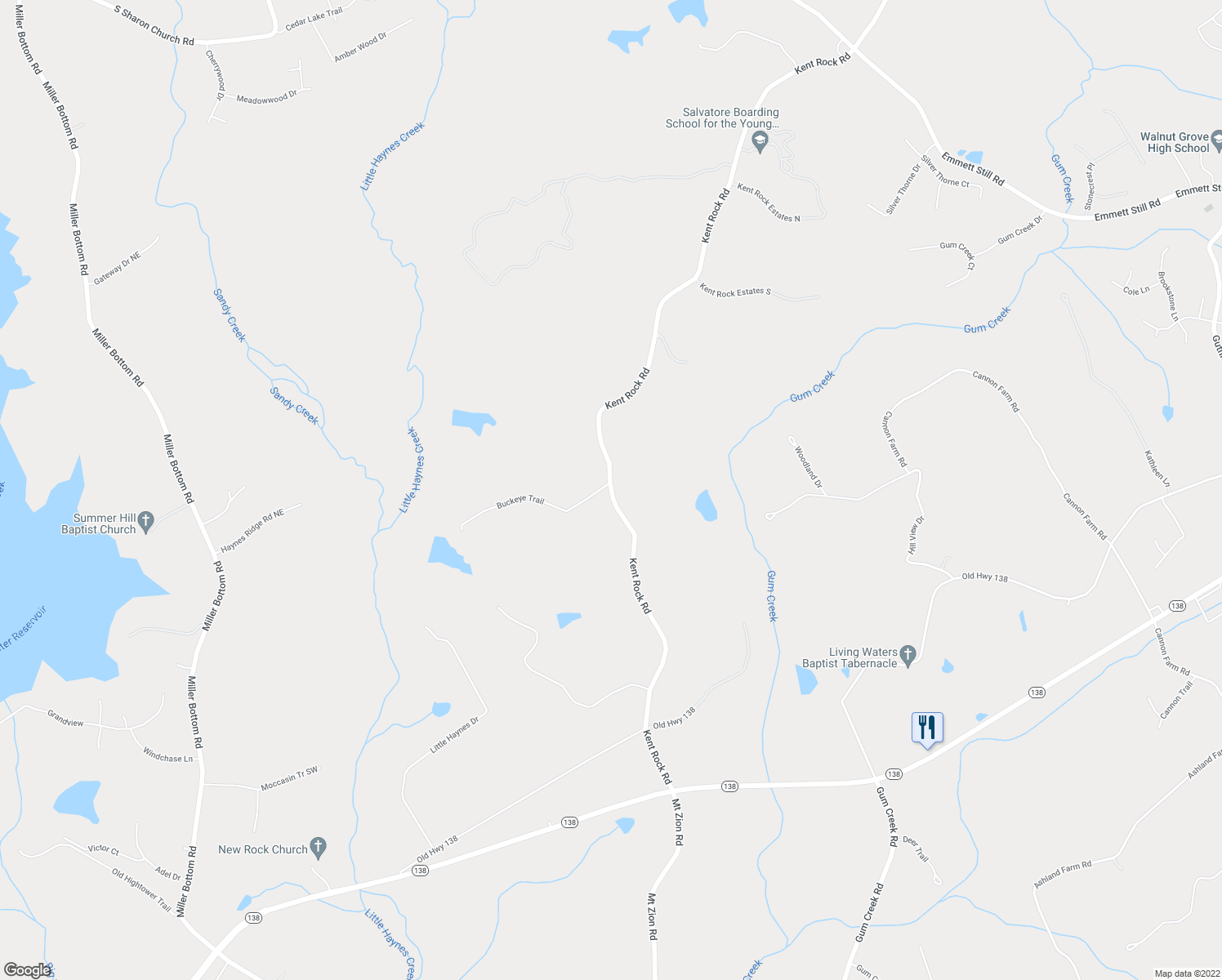 map of restaurants, bars, coffee shops, grocery stores, and more near 5748 Kent Rock Road in Loganville