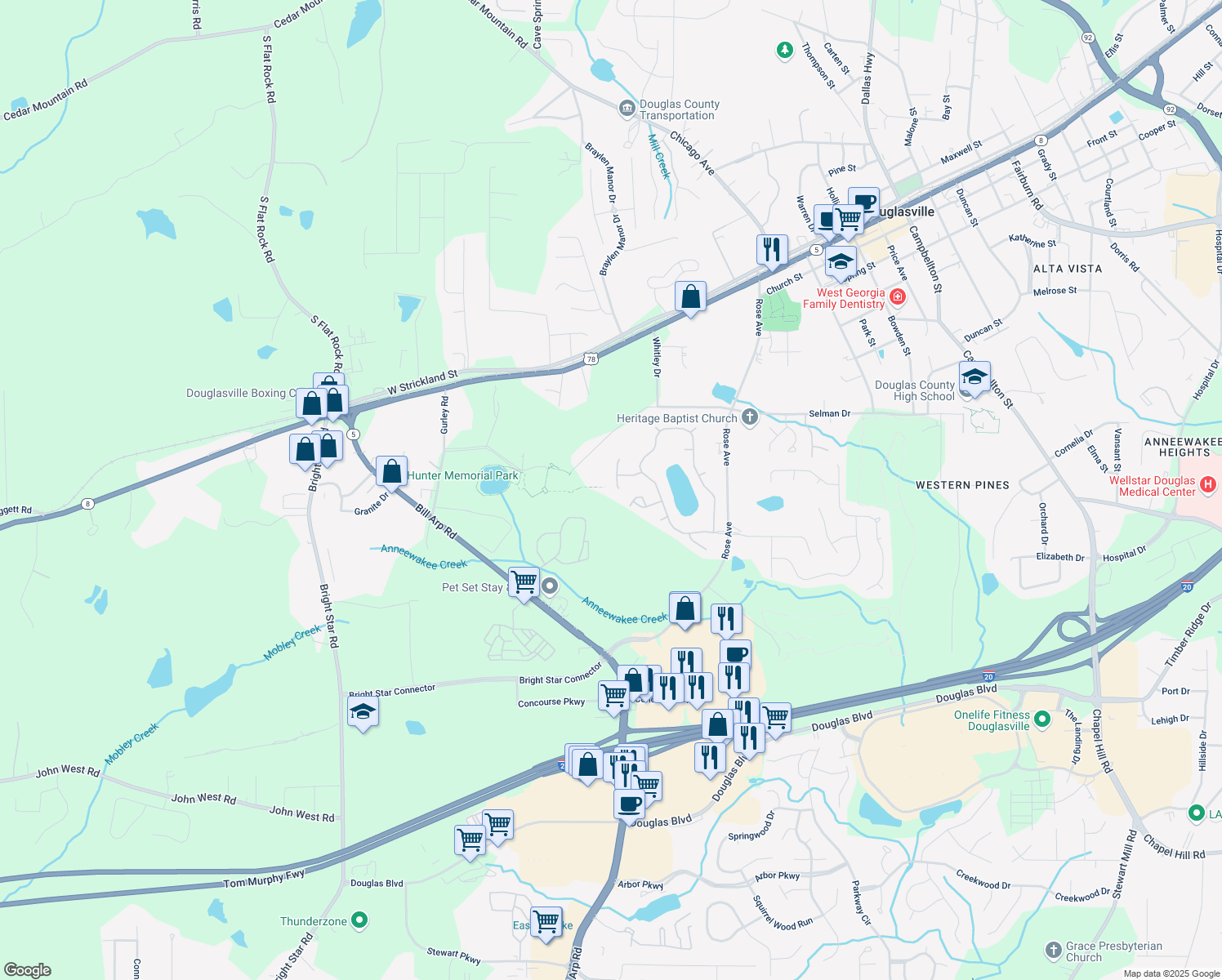 map of restaurants, bars, coffee shops, grocery stores, and more near 7115 Secret Rose in Douglasville