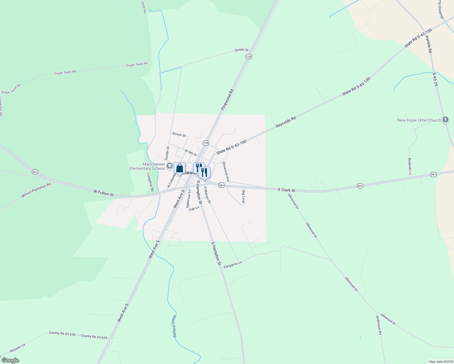 map of restaurants, bars, coffee shops, grocery stores, and more near E Fulton St in Pinewood