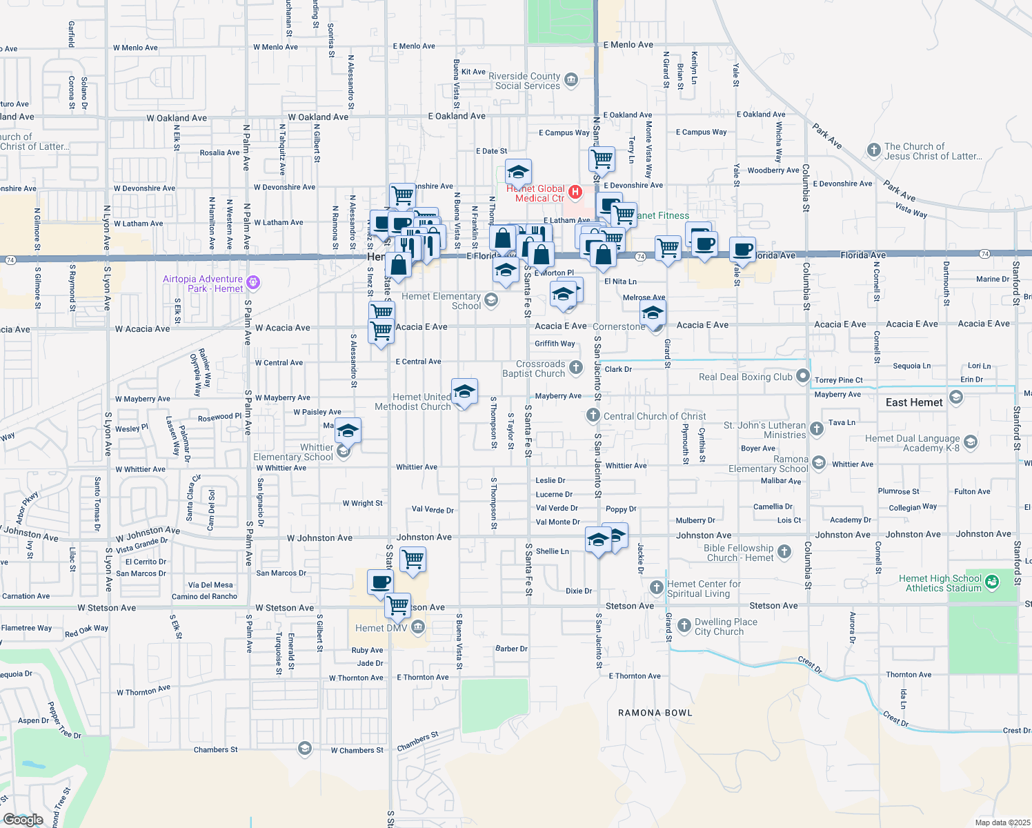 map of restaurants, bars, coffee shops, grocery stores, and more near 542 South Taylor Street in Hemet