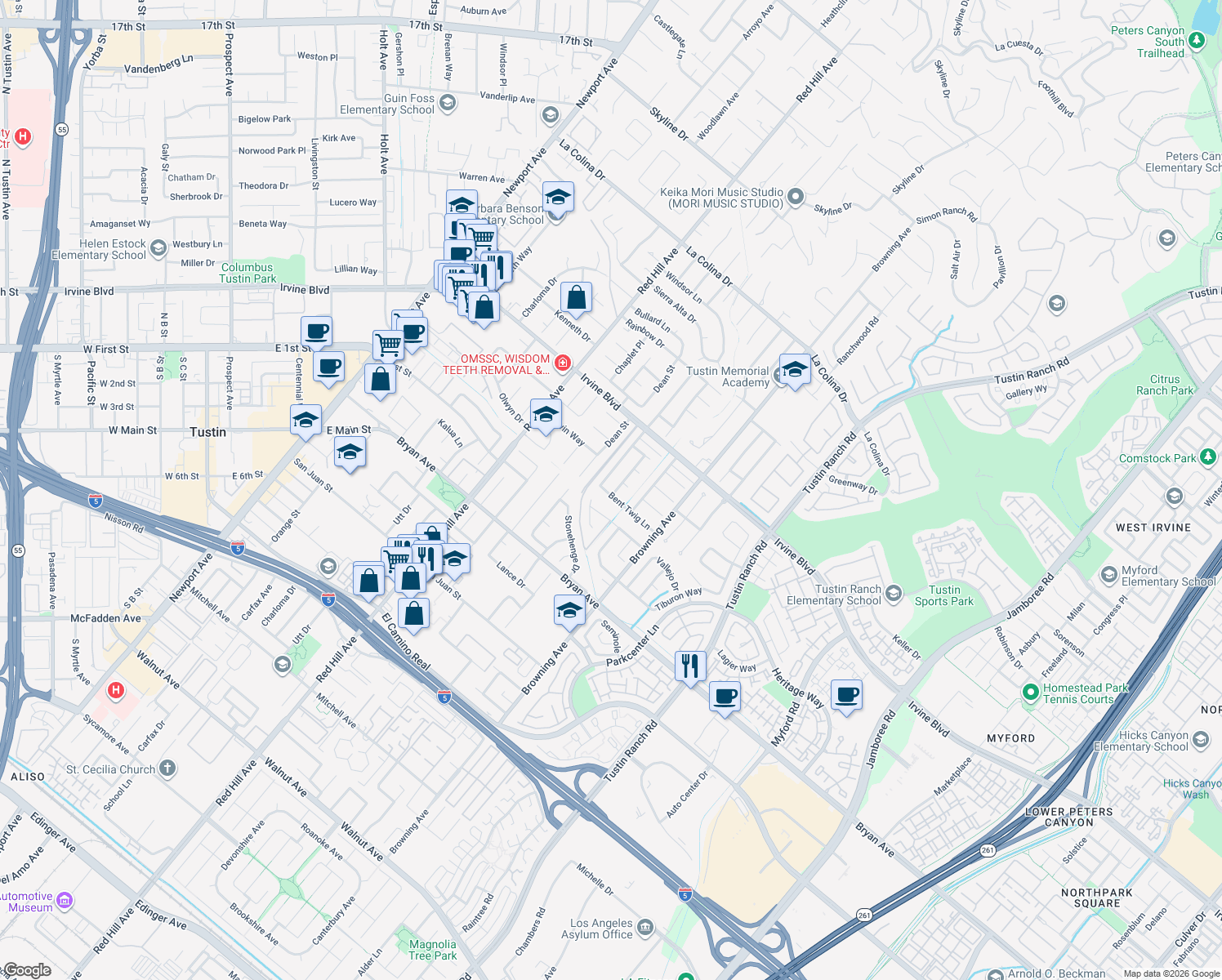 map of restaurants, bars, coffee shops, grocery stores, and more near 13201 Hickory Branch Road in Tustin