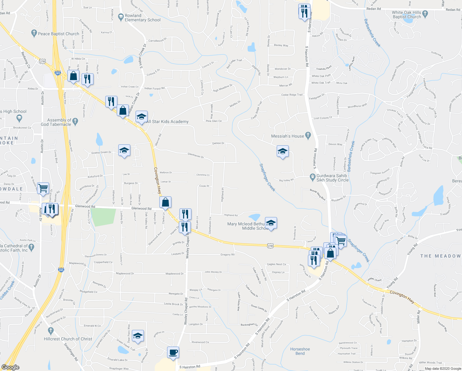 map of restaurants, bars, coffee shops, grocery stores, and more near 4442 Mark Anthony Court in Decatur
