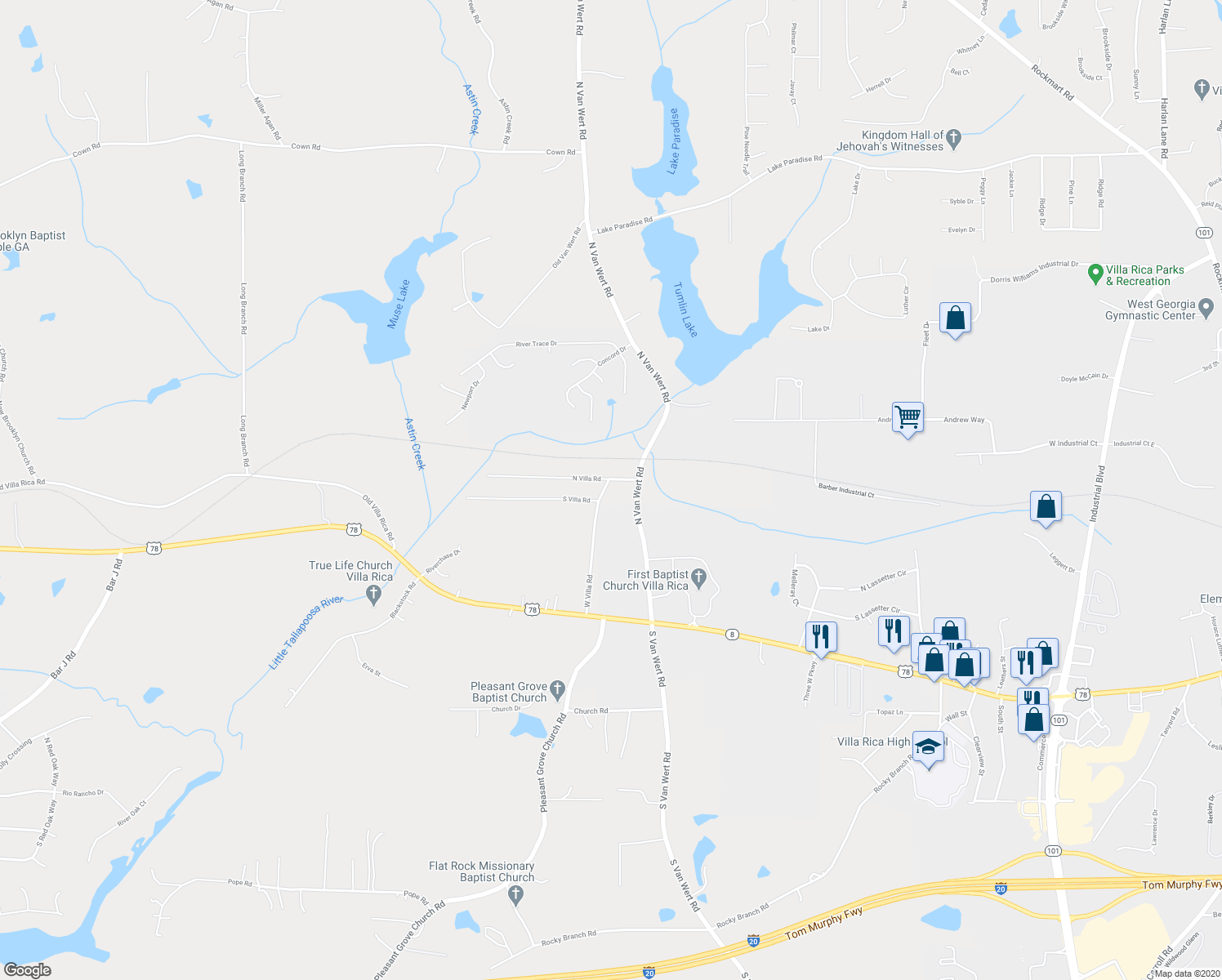 map of restaurants, bars, coffee shops, grocery stores, and more near 208 West Villa Road in Villa Rica