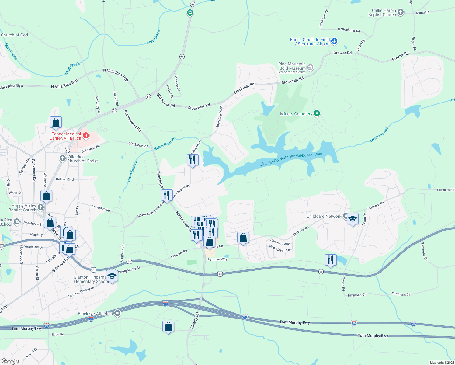 map of restaurants, bars, coffee shops, grocery stores, and more near 1031 Overlook Drive in Villa Rica
