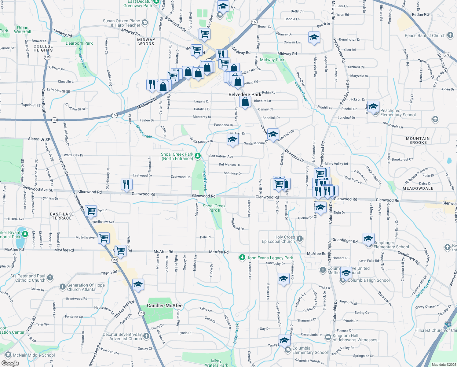 map of restaurants, bars, coffee shops, grocery stores, and more near 1774 Santa Cruz Drive in Decatur