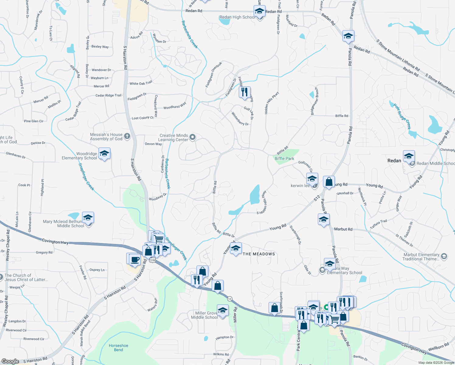 map of restaurants, bars, coffee shops, grocery stores, and more near 5105 Villas Terrace in Stone Mountain