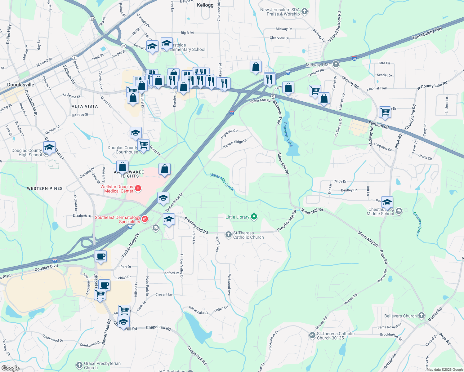 map of restaurants, bars, coffee shops, grocery stores, and more near 8753 Danley Drive in Douglasville