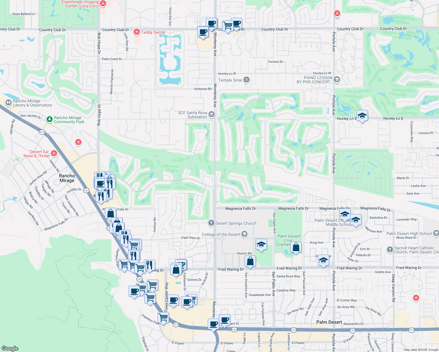 map of restaurants, bars, coffee shops, grocery stores, and more near 112 Giralda Circle in Palm Desert