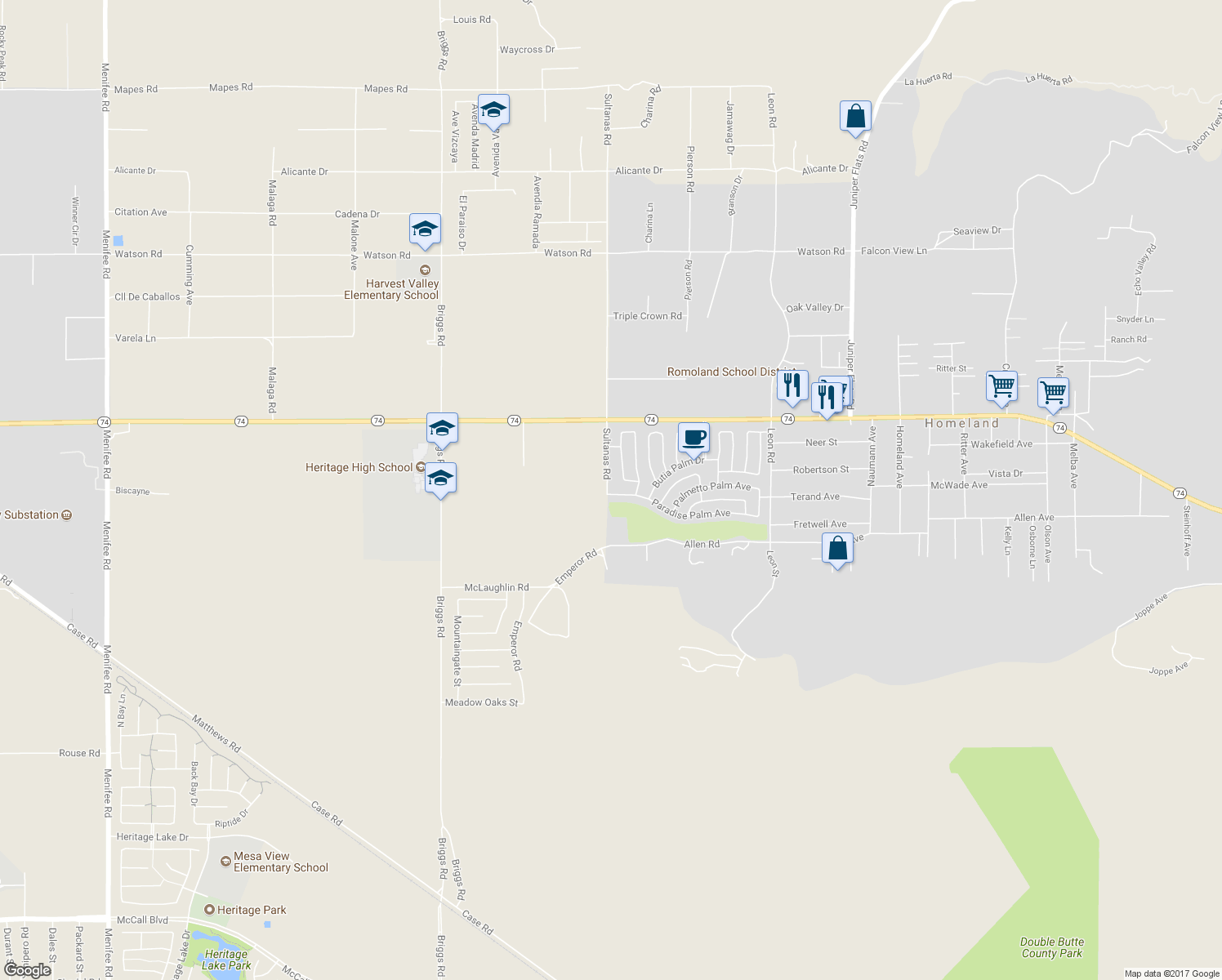 map of restaurants, bars, coffee shops, grocery stores, and more near 26200 Sultanas Road in Homeland
