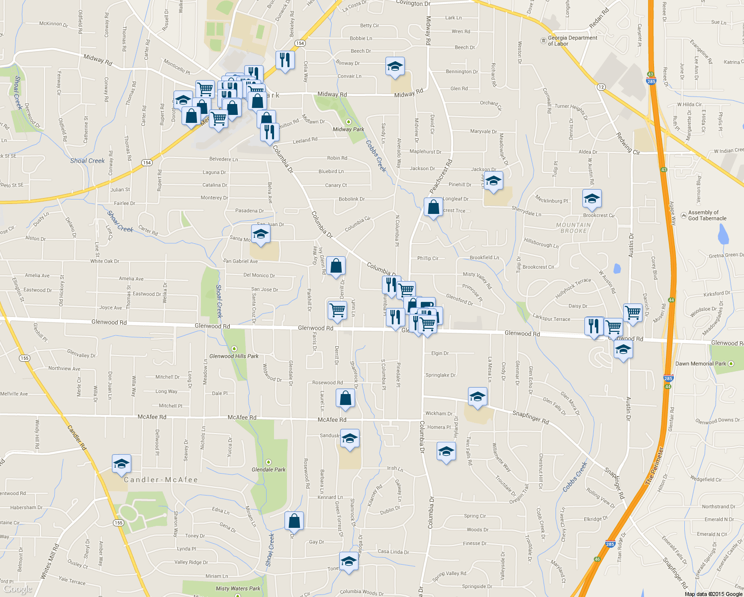 map of restaurants, bars, coffee shops, grocery stores, and more near 1755 South Columbia Place in Decatur