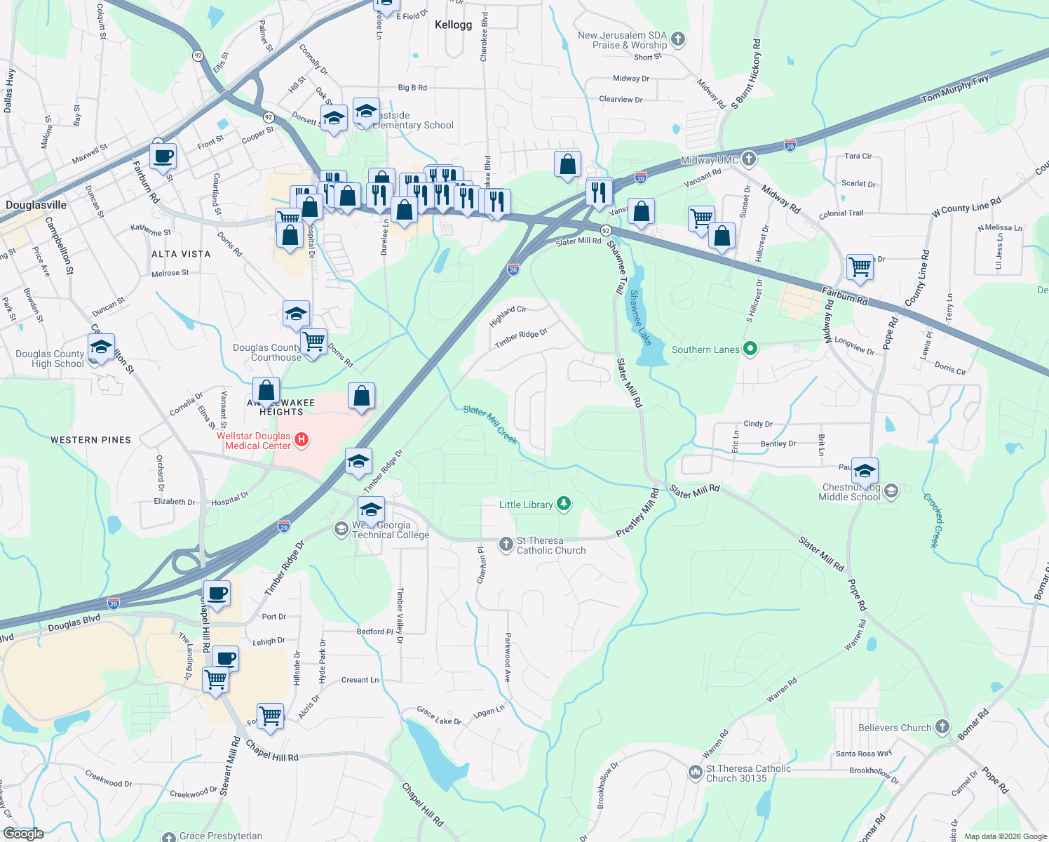 map of restaurants, bars, coffee shops, grocery stores, and more near 8741 Danley Drive in Douglasville