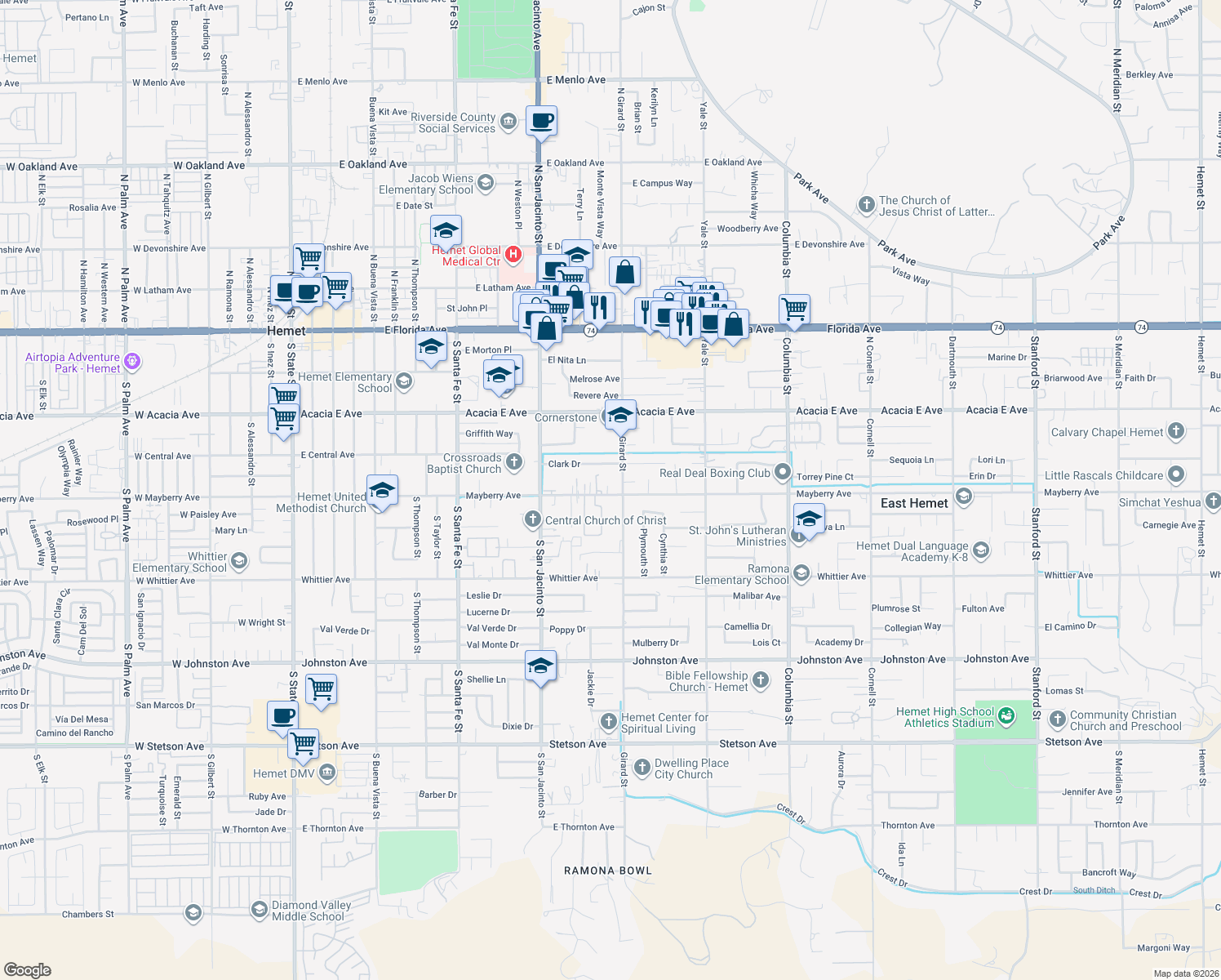 map of restaurants, bars, coffee shops, grocery stores, and more near 40430 Mayberry Avenue in Hemet