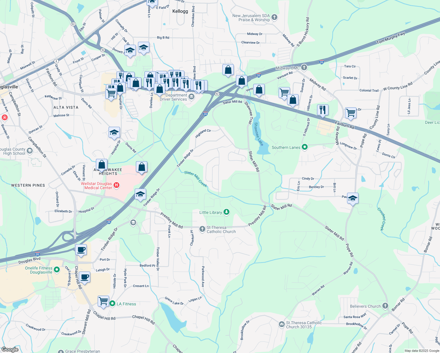 map of restaurants, bars, coffee shops, grocery stores, and more near 8744 Hamil Court in Douglasville