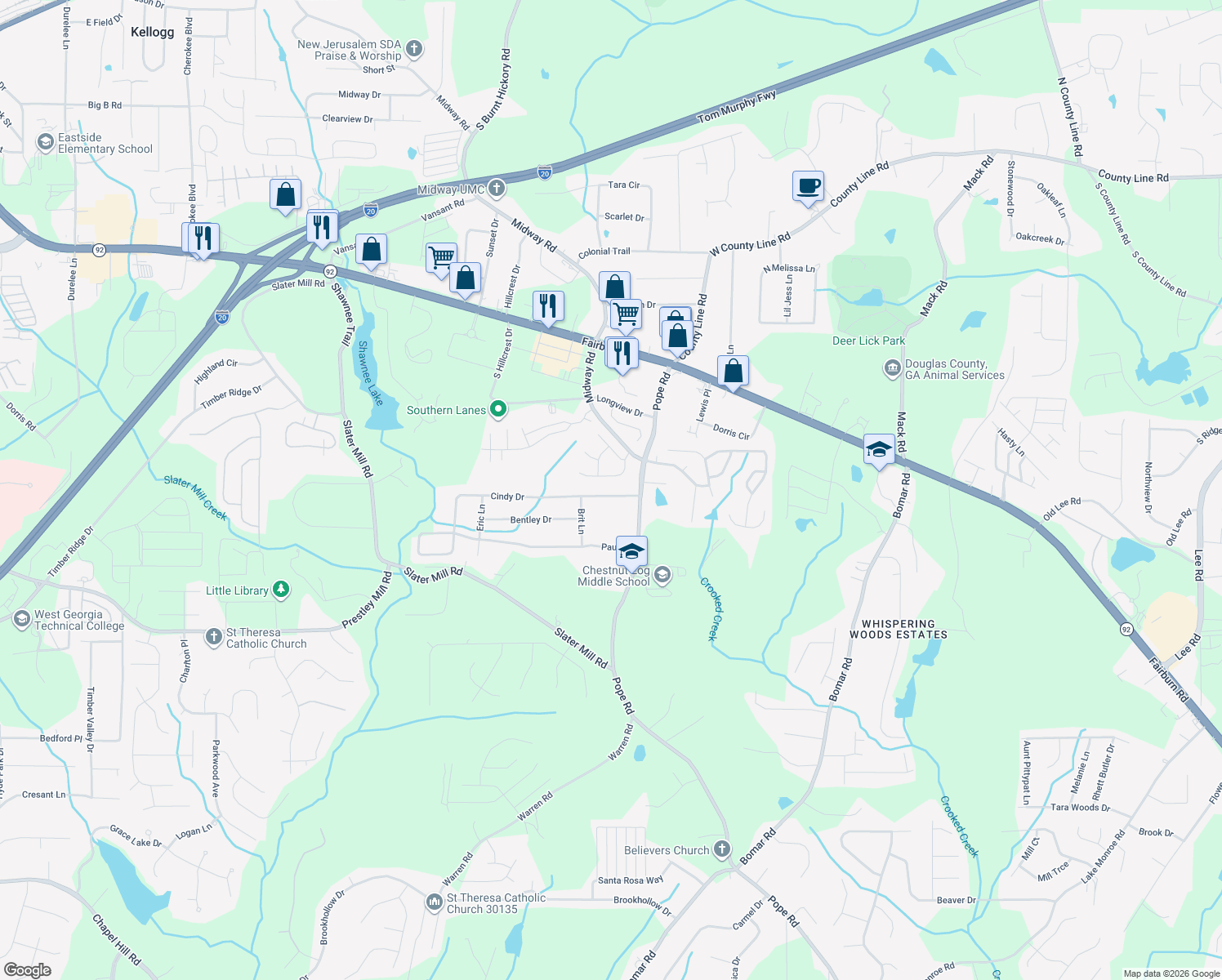 map of restaurants, bars, coffee shops, grocery stores, and more near 3750 Cindy Dr in Douglasville